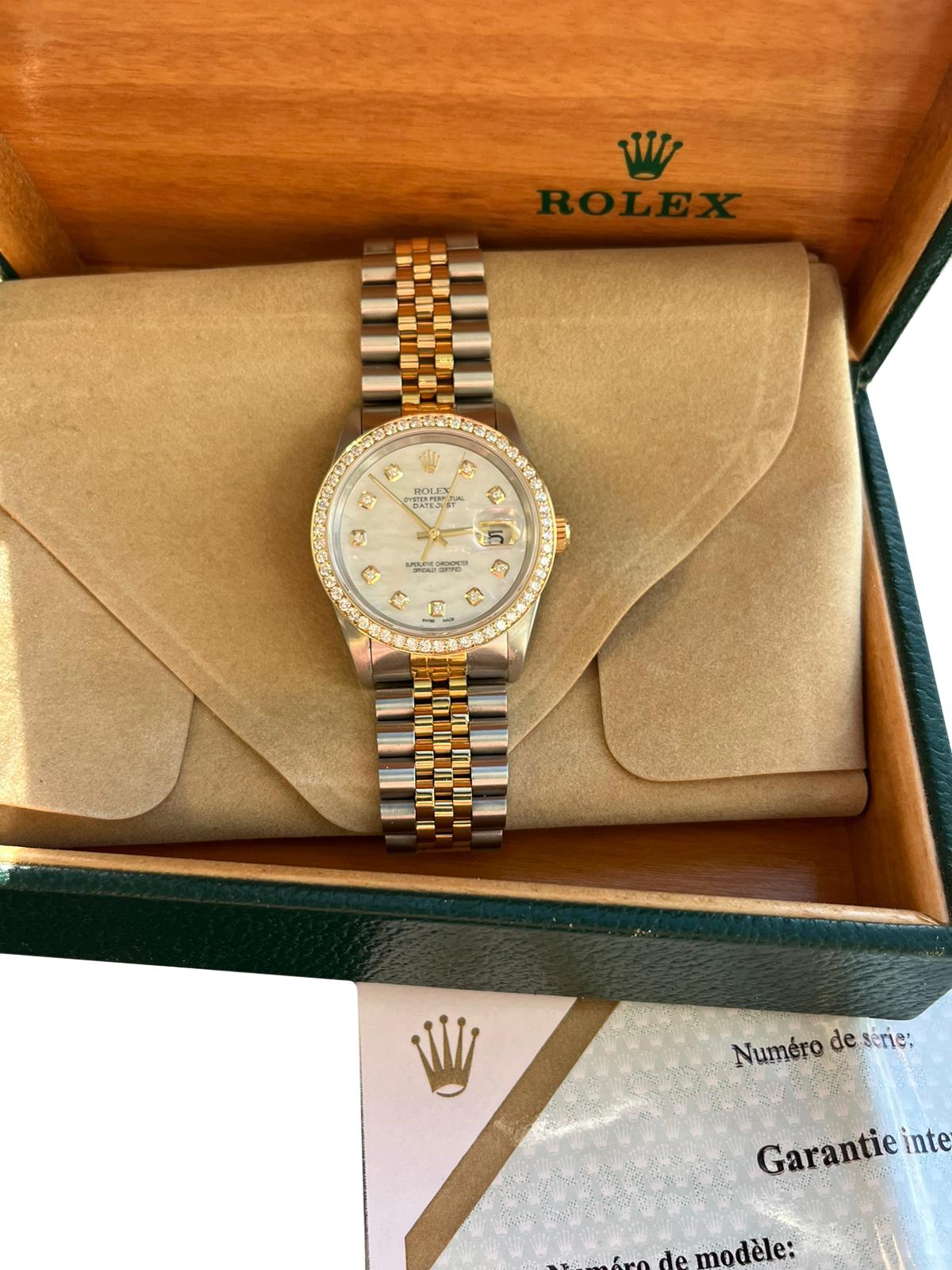 Rolex Montre Datejust 36 mm, cadran MOP diamant, lunette diamantée, bracelet jubilé 16233 en vente 3