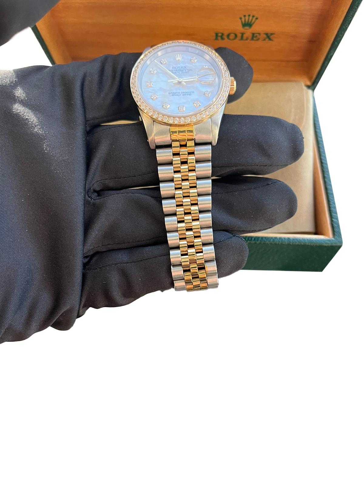 Rolex Montre Datejust 36 mm, cadran MOP diamant, lunette diamantée, bracelet jubilé 16233 en vente 6