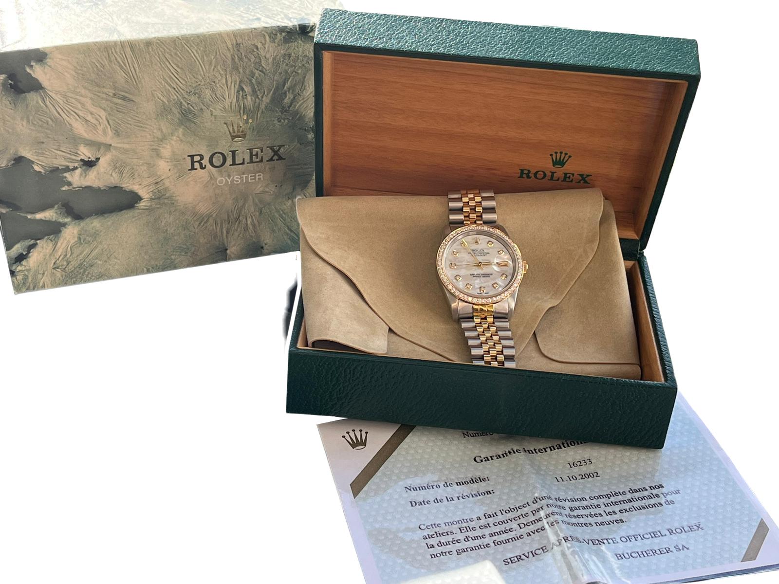 Modernist Rolex Datejust 36mm MOP Diamond Dial Diamond Bezel Jubilee Bracelet Watch 16233 For Sale
