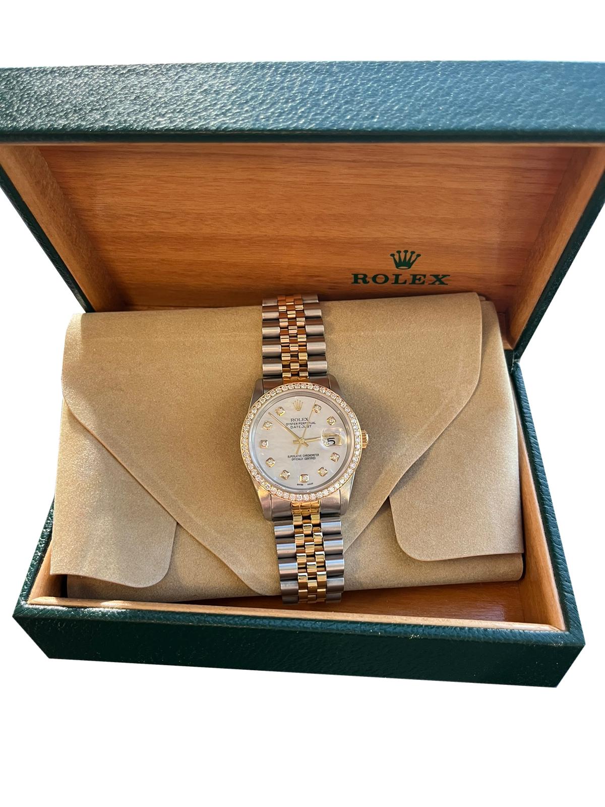 Round Cut Rolex Datejust 36mm MOP Diamond Dial Diamond Bezel Jubilee Bracelet Watch 16233 For Sale