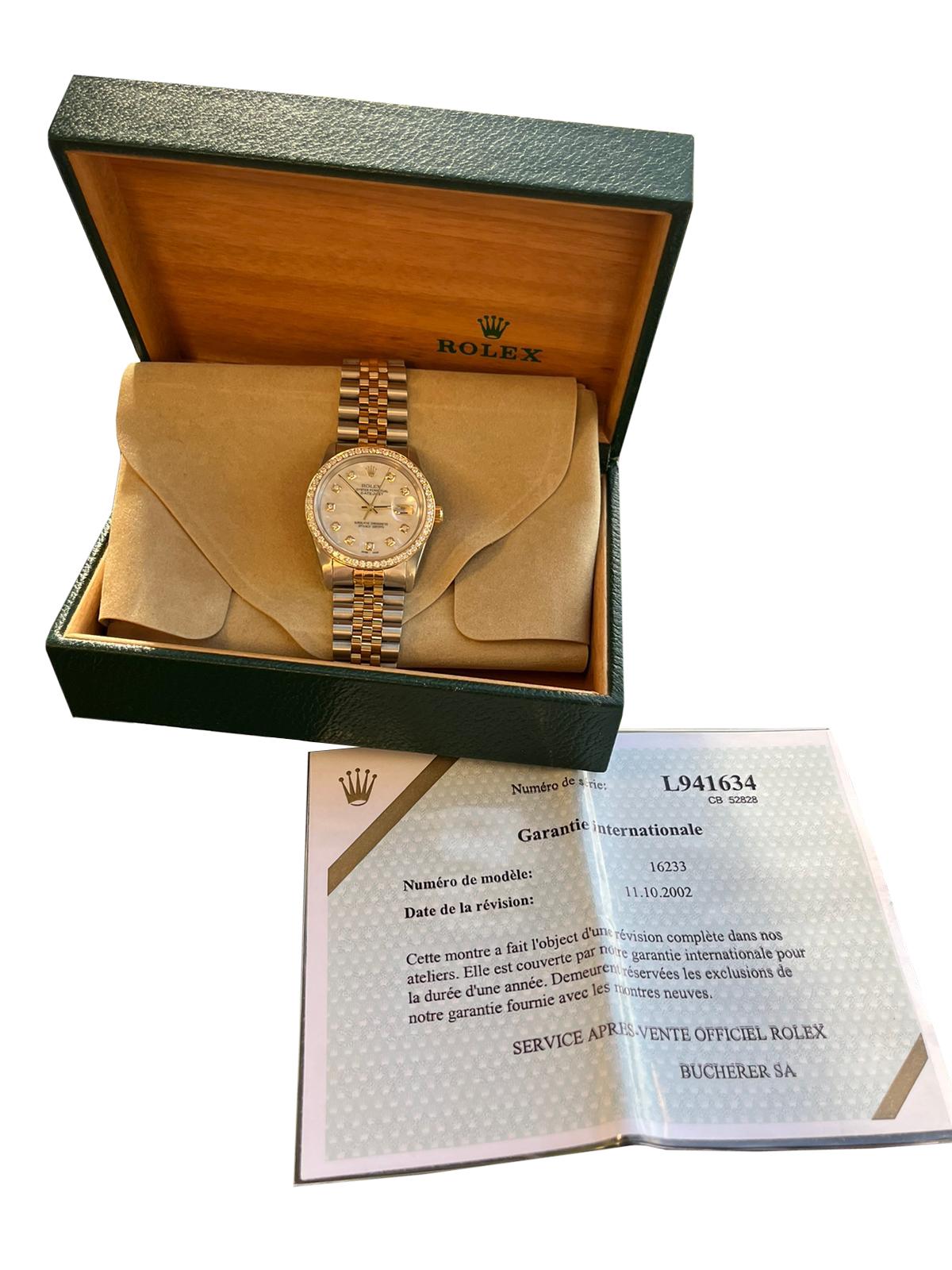 Rolex Datejust 36mm MOP Diamond Dial Diamond Bezel Jubilee Bracelet Watch 16233 In Good Condition For Sale In Aventura, FL