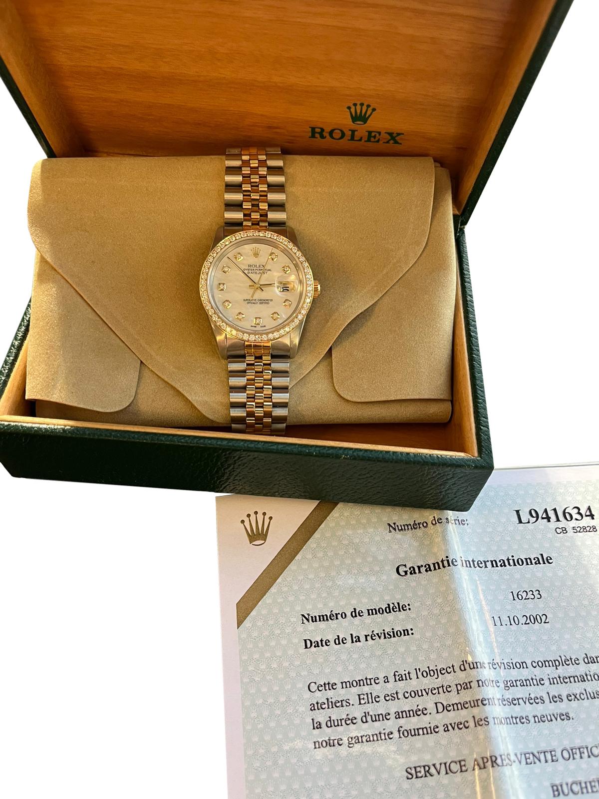Rolex Montre Datejust 36 mm, cadran MOP diamant, lunette diamantée, bracelet jubilé 16233 Bon état - En vente à Aventura, FL