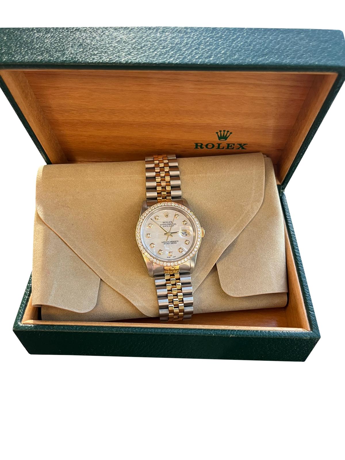 Rolex Montre Datejust 36 mm, cadran MOP diamant, lunette diamantée, bracelet jubilé 16233 Unisexe en vente