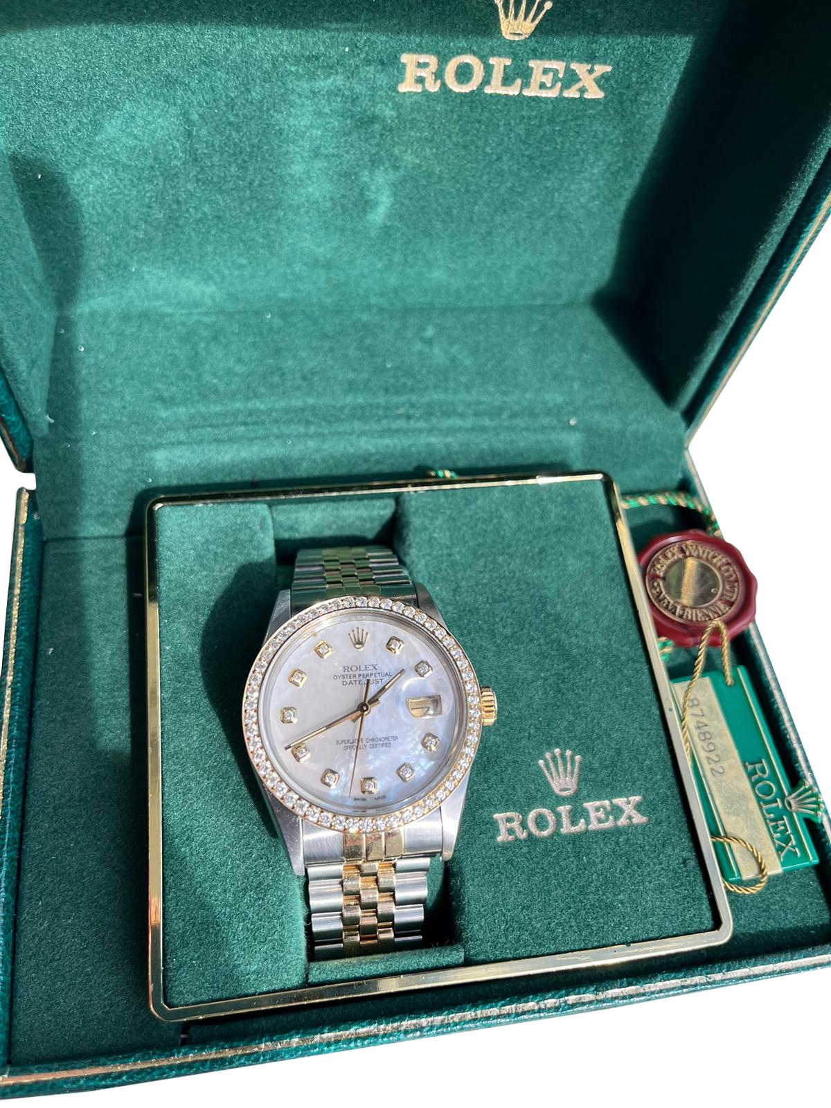 Rolex Datejust 36mm MOP Diamond Dial Diamond Bezel Yellow Gold Steel Watch 16013 For Sale 4