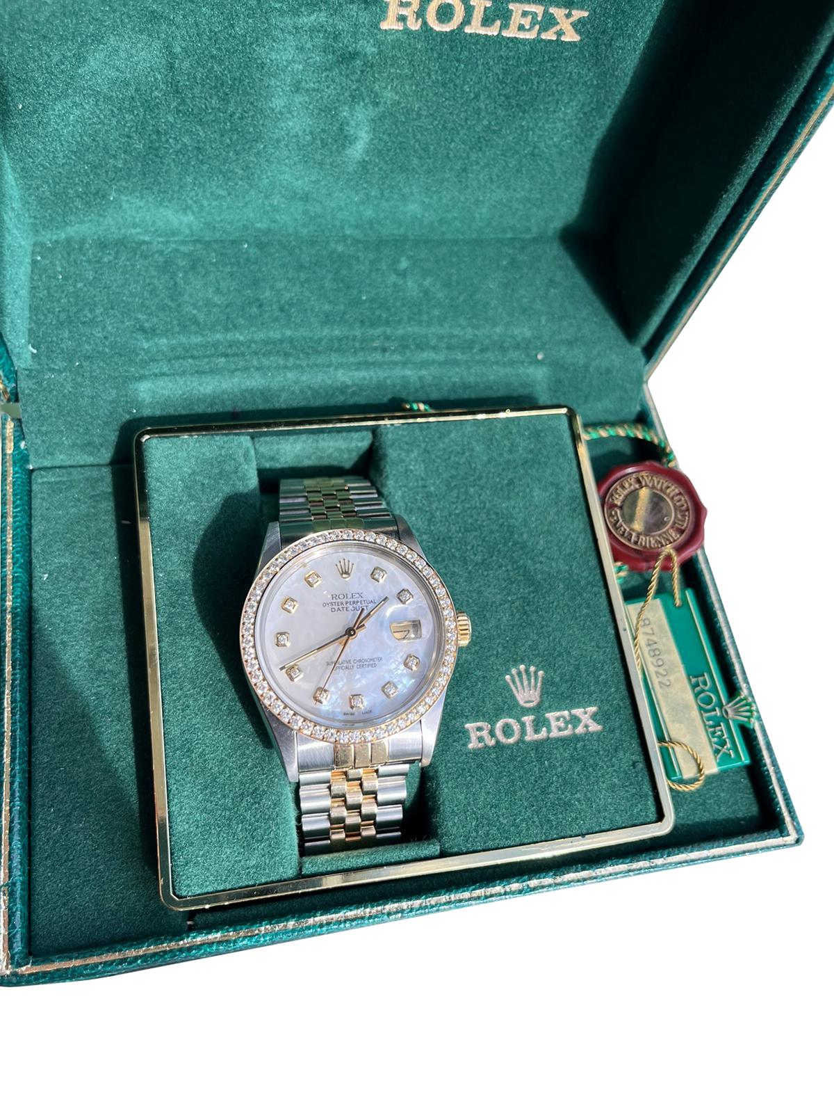 Rolex Datejust 36mm MOP Diamond Dial Diamond Bezel Yellow Gold Steel Watch 16013 For Sale 5