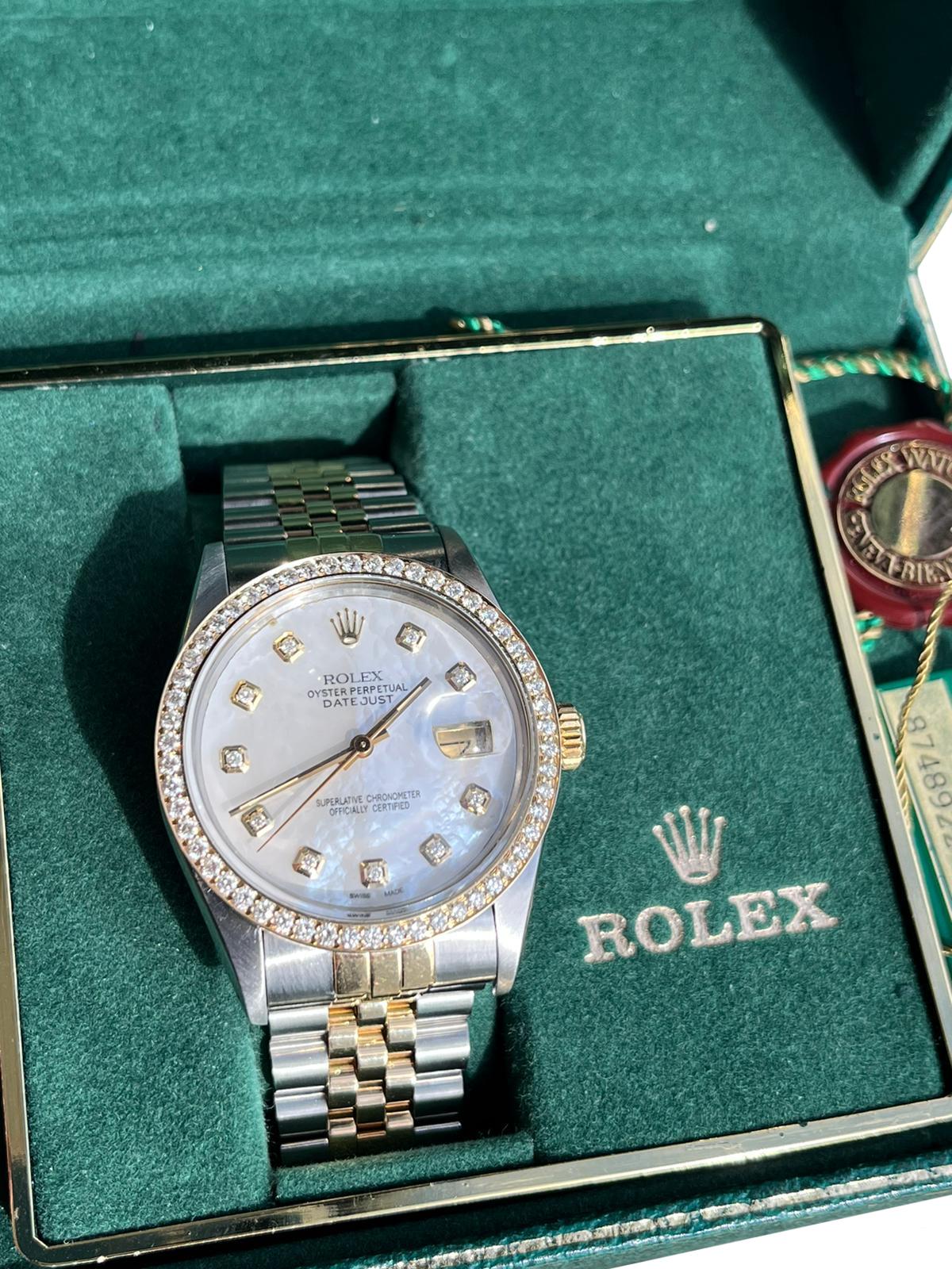 Rolex Datejust 36mm MOP Diamond Dial Diamond Bezel Yellow Gold Steel Watch 16013 For Sale 6