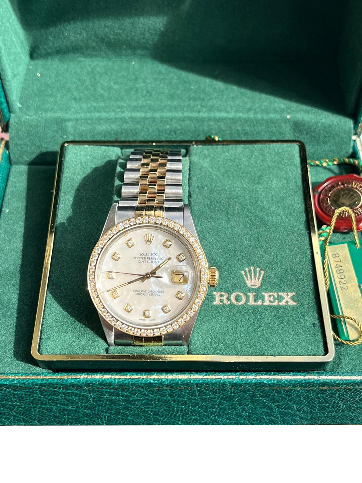 Rolex Datejust 36mm MOP Diamond Dial Diamond Bezel Yellow Gold Steel Watch 16013 For Sale 7