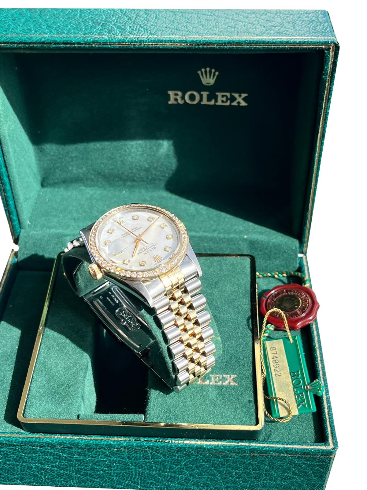 Rolex Datejust 36mm MOP Diamond Dial Diamond Bezel Yellow Gold Steel Watch 16013 For Sale 8