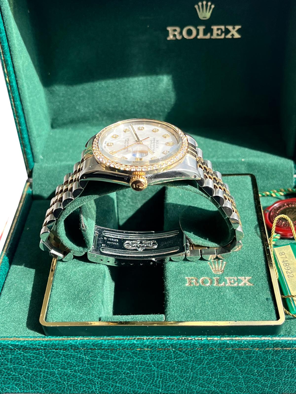 Rolex Datejust 36mm MOP Diamond Dial Diamond Bezel Yellow Gold Steel Watch 16013 For Sale 9