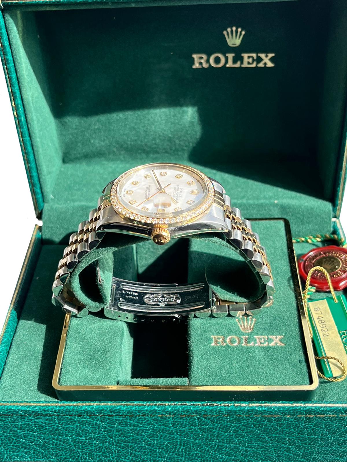 Rolex Datejust 36mm MOP Diamond Dial Diamond Bezel Yellow Gold Steel Watch 16013 For Sale 10