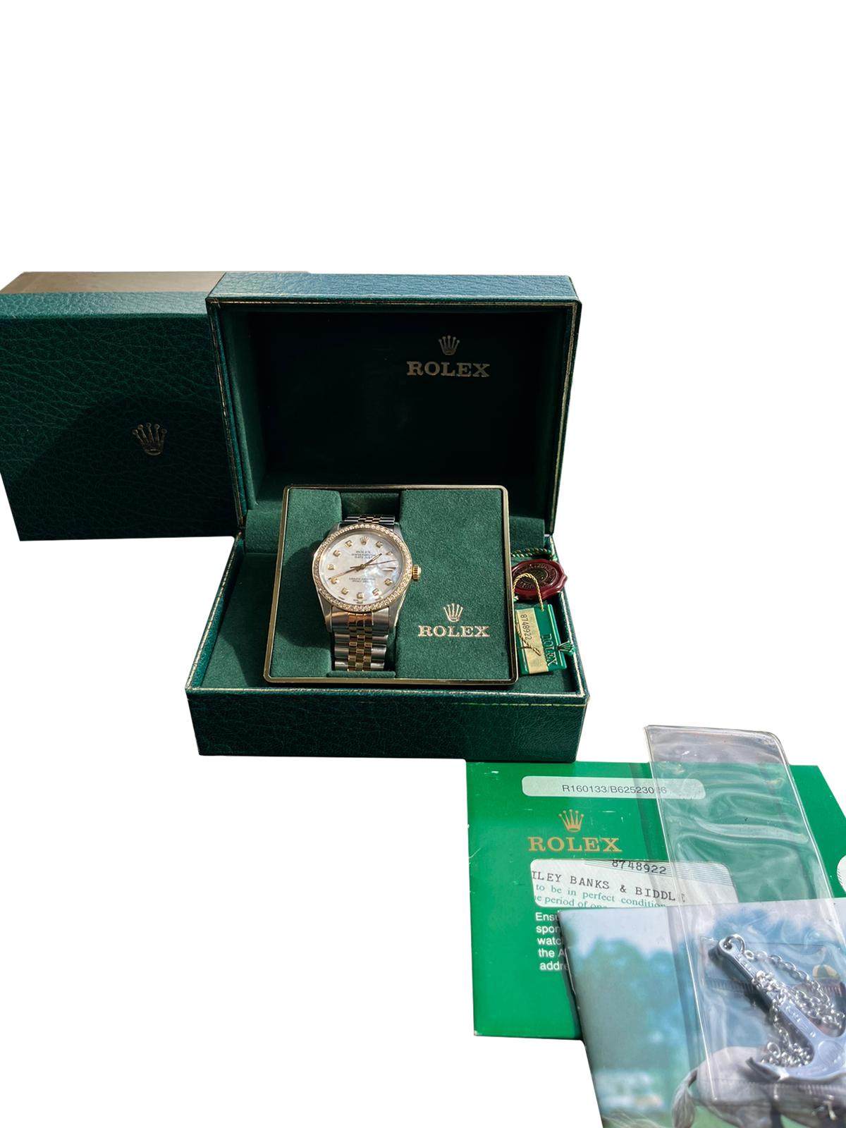 Modernist Rolex Datejust 36mm MOP Diamond Dial Diamond Bezel Yellow Gold Steel Watch 16013 For Sale
