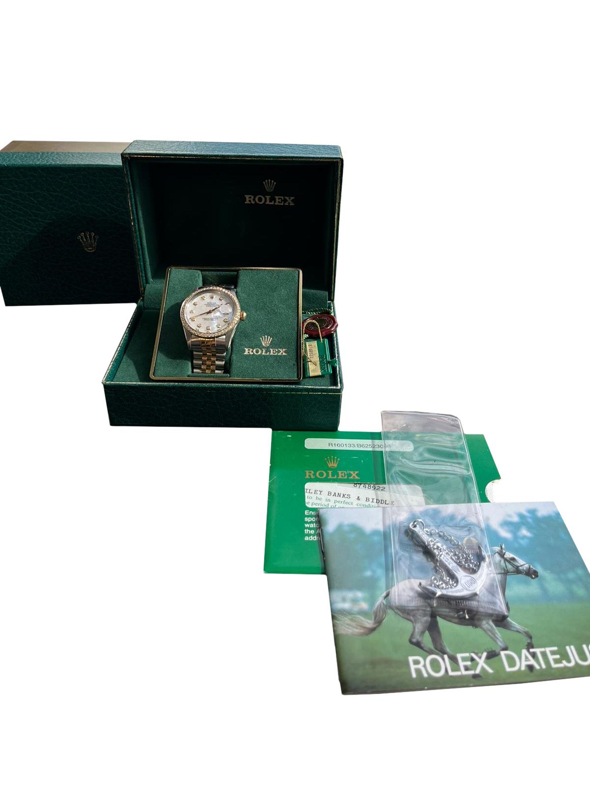 Round Cut Rolex Datejust 36mm MOP Diamond Dial Diamond Bezel Yellow Gold Steel Watch 16013 For Sale
