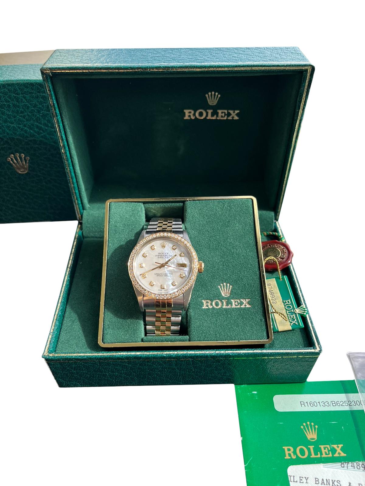 Rolex Datejust 36mm MOP Diamond Dial Diamond Bezel Yellow Gold Steel Watch 16013 In Good Condition For Sale In Aventura, FL