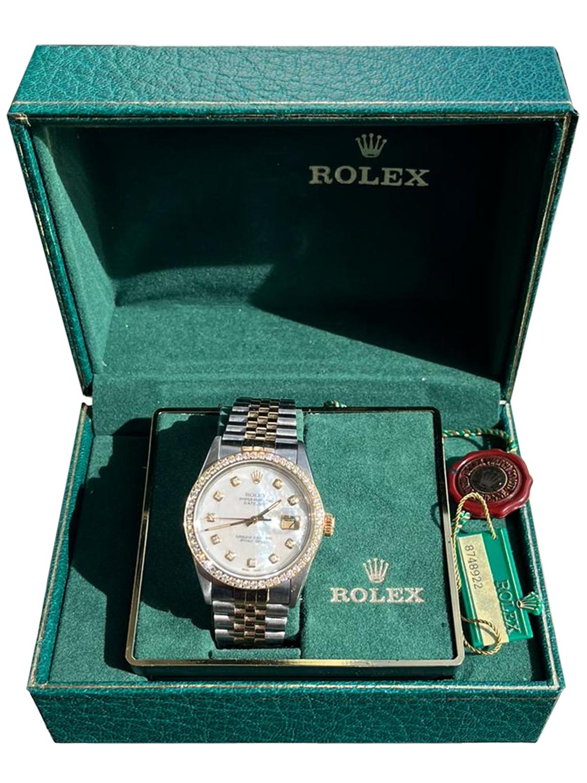 Women's or Men's Rolex Datejust 36mm MOP Diamond Dial Diamond Bezel Yellow Gold Steel Watch 16013 For Sale