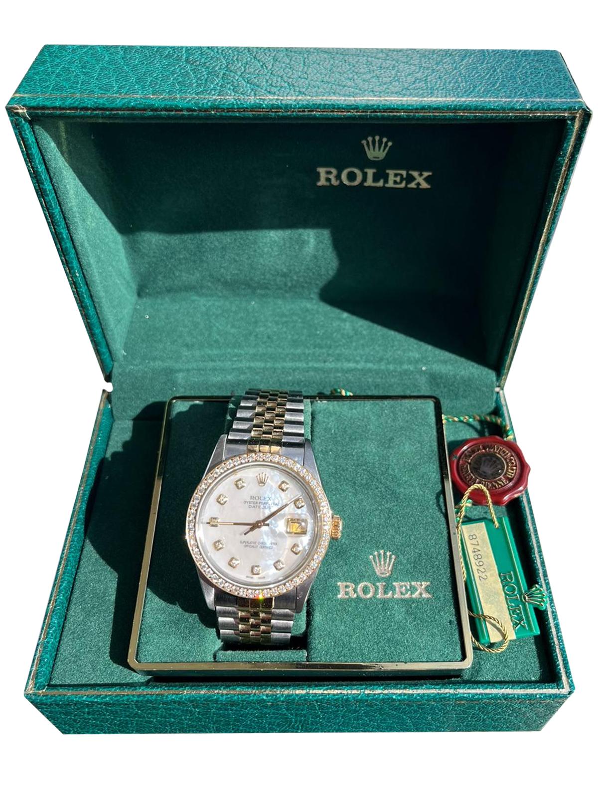 Rolex Datejust 36mm MOP Diamond Dial Diamond Bezel Yellow Gold Steel Watch 16013 For Sale 1