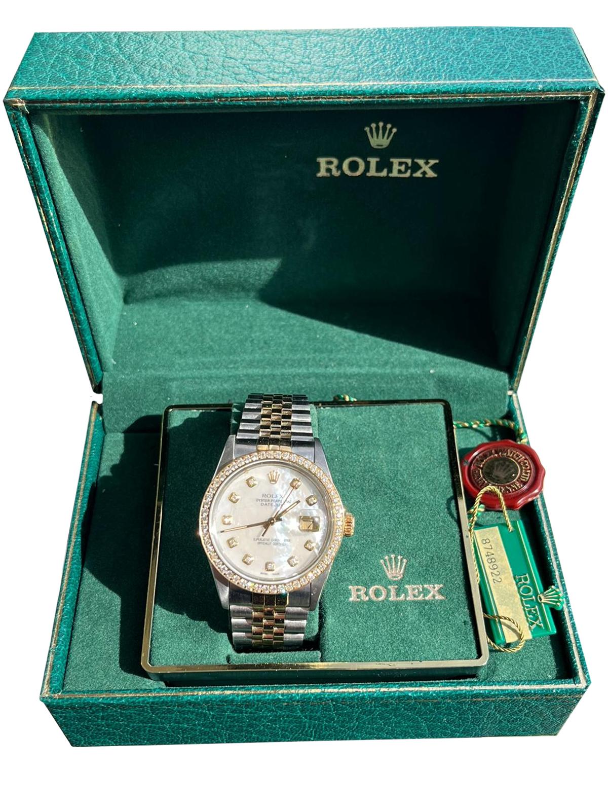 Rolex Datejust 36mm MOP Diamond Dial Diamond Bezel Yellow Gold Steel Watch 16013 For Sale 2