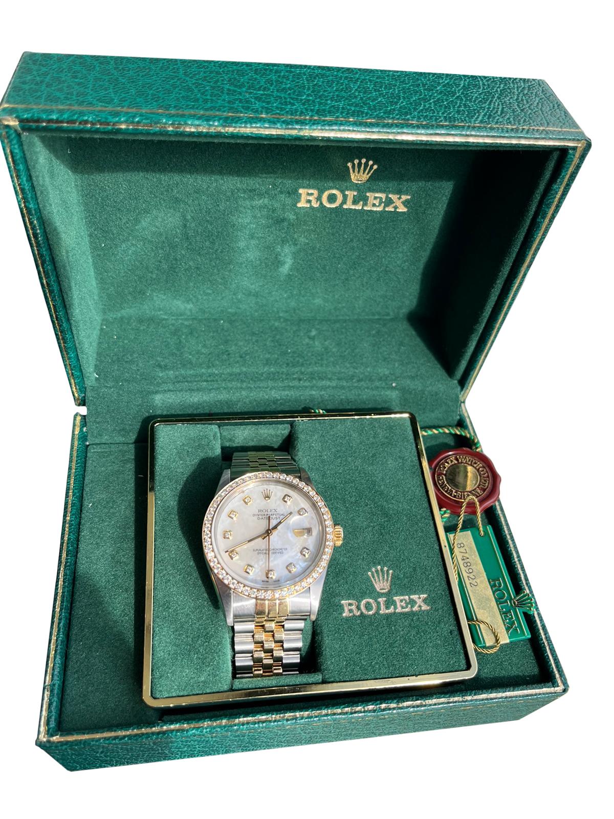Rolex Datejust 36mm MOP Diamond Dial Diamond Bezel Yellow Gold Steel Watch 16013 For Sale 3