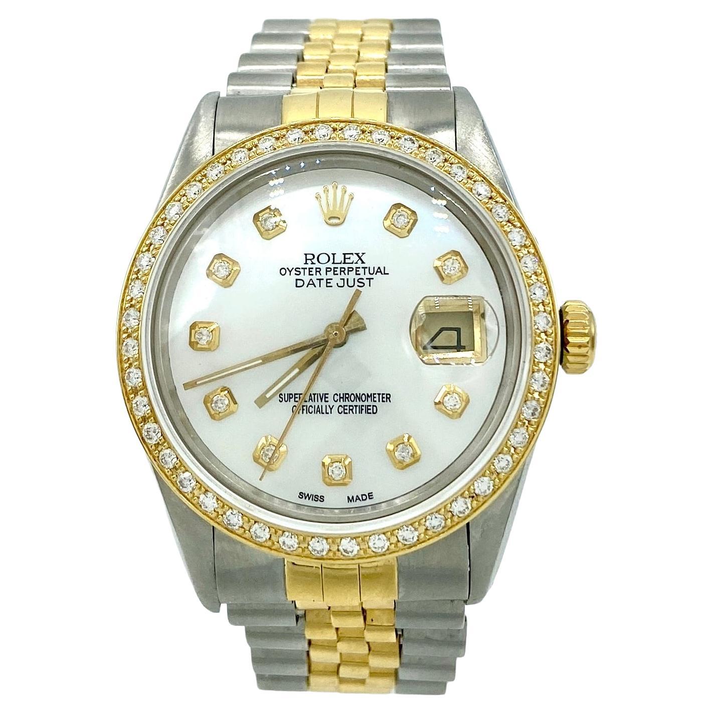 Rolex Datejust 36mm MOP Diamond Dial Diamond Bezel Yellow Gold Steel Watch 16013 For Sale