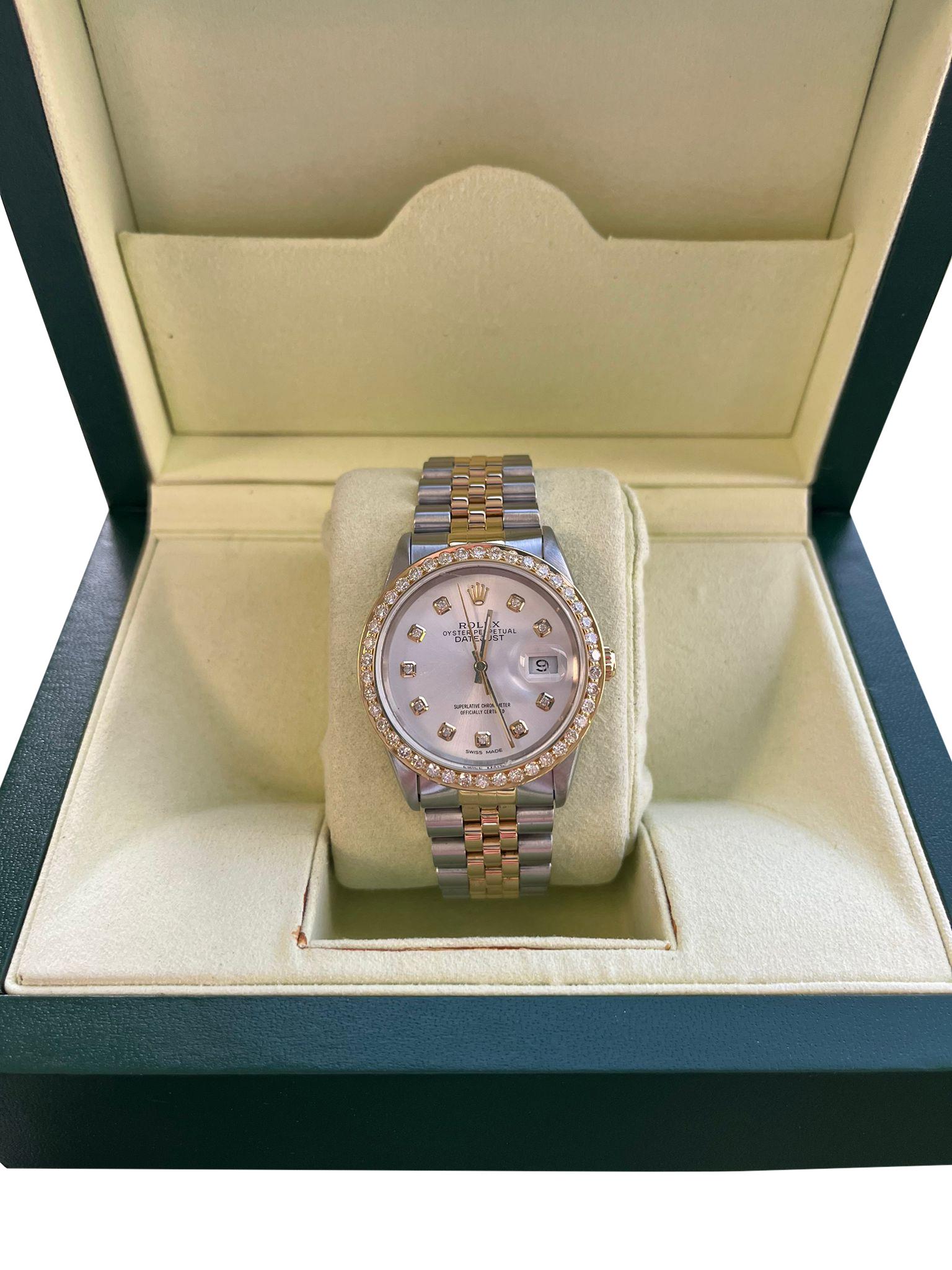 Rolex Datejust Steel Yellow Gold Rose Gray Diamond Mens Watch 16233. Mouvement automatique à remontage automatique, officiellement certifié chronomètre. Boîtier en acier inoxydable de 36.0 mm de diamètre. Logo Rolex sur une couronne. Cadran à