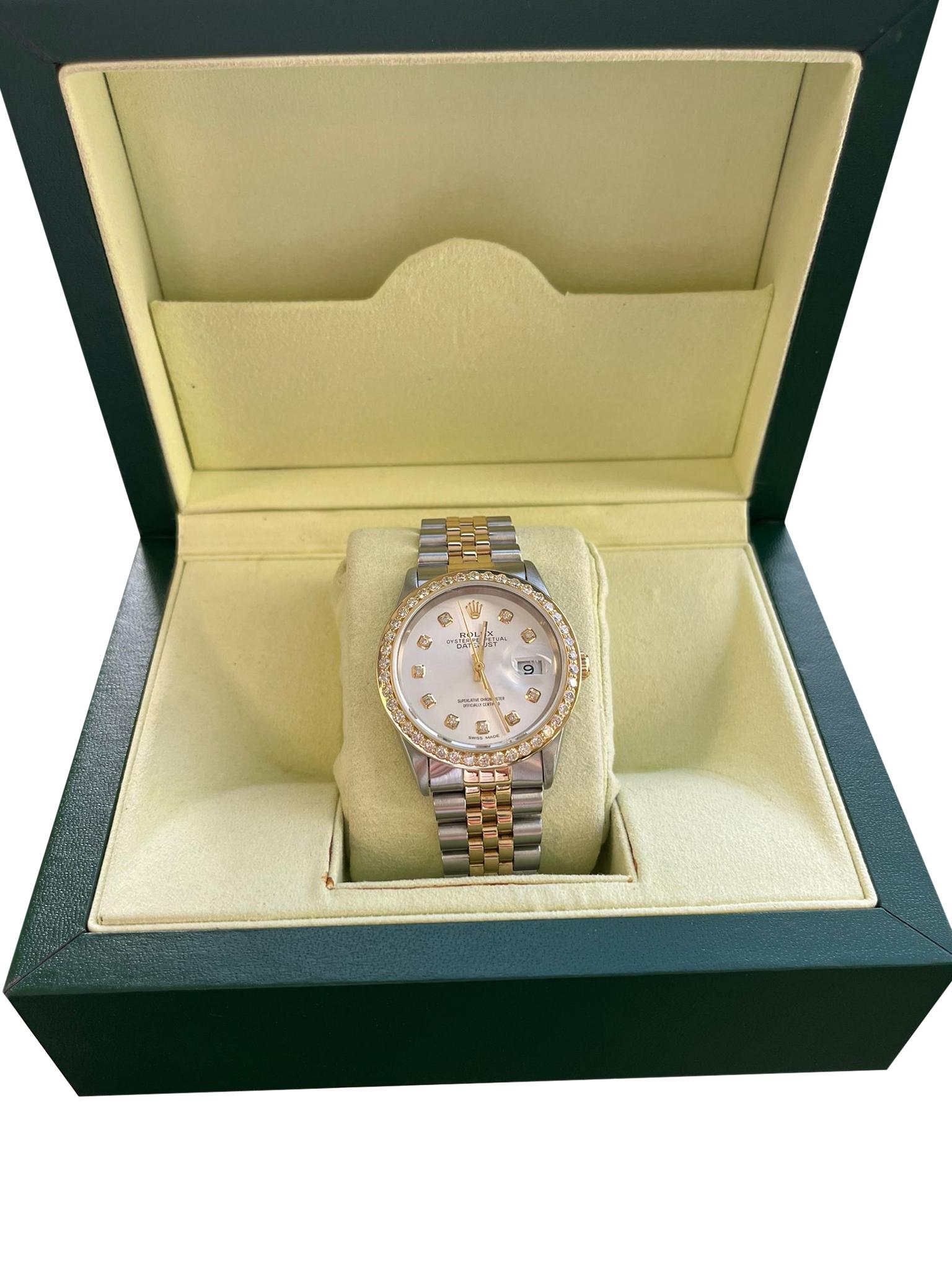 Modernist Rolex Datejust 36mm Grey Diamond Dial Steel Yellow Gold Bezel Mens Watch 16233 For Sale