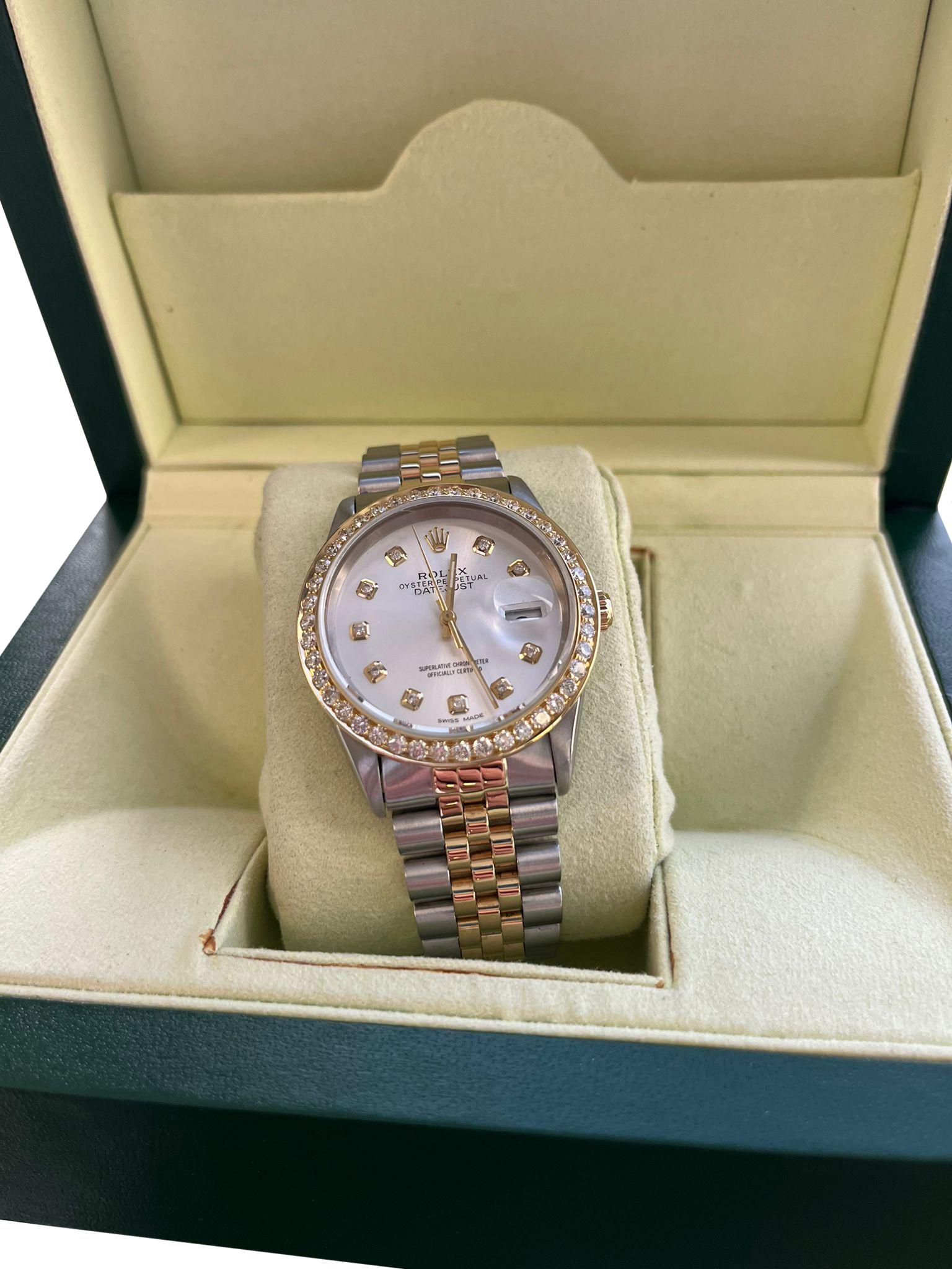 Women's or Men's Rolex Datejust 36mm Grey Diamond Dial Steel Yellow Gold Bezel Mens Watch 16233 For Sale