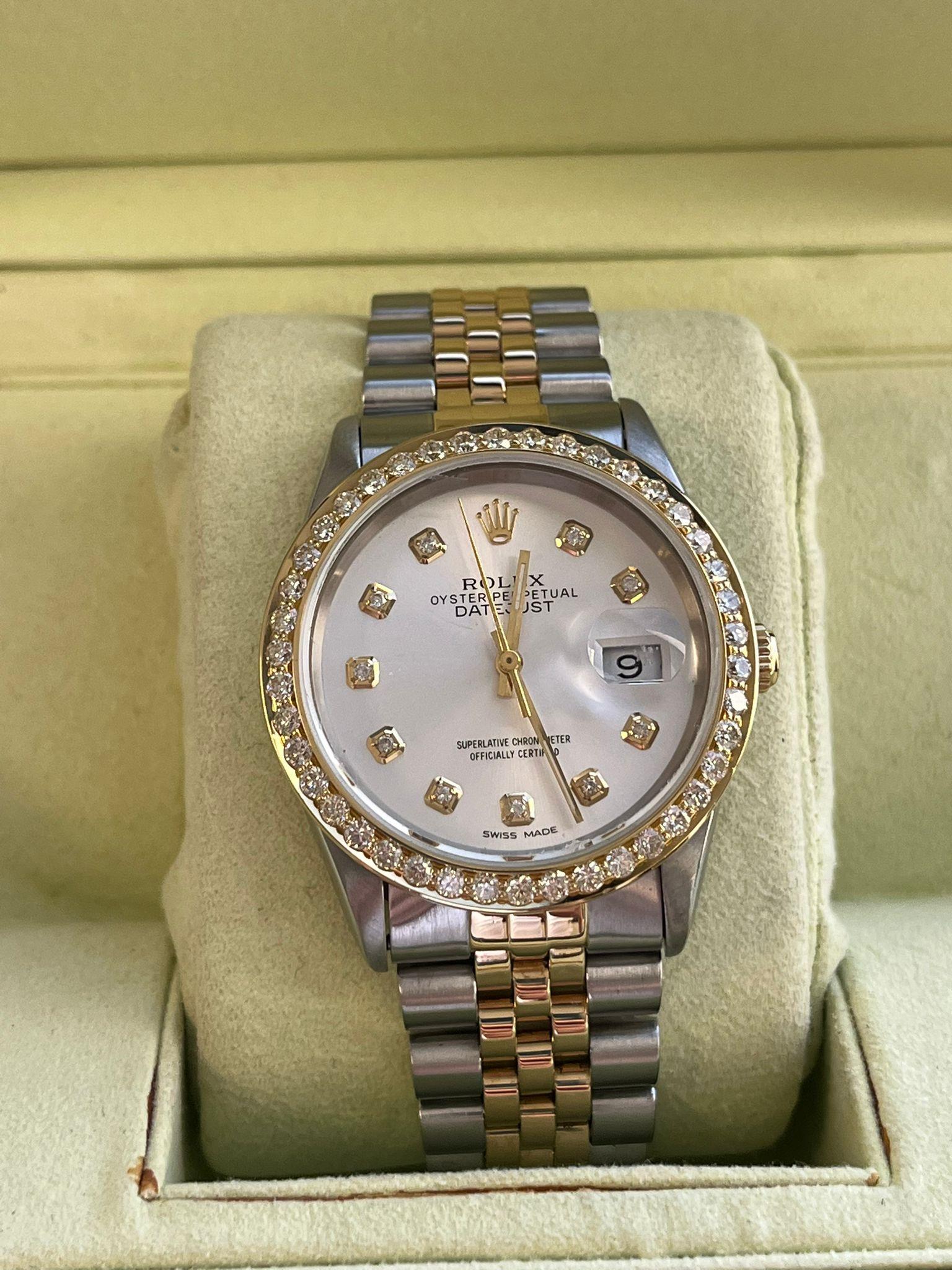 Rolex Datejust 36mm Grey Diamond Dial Steel Yellow Gold Bezel Mens Watch 16233 For Sale 1