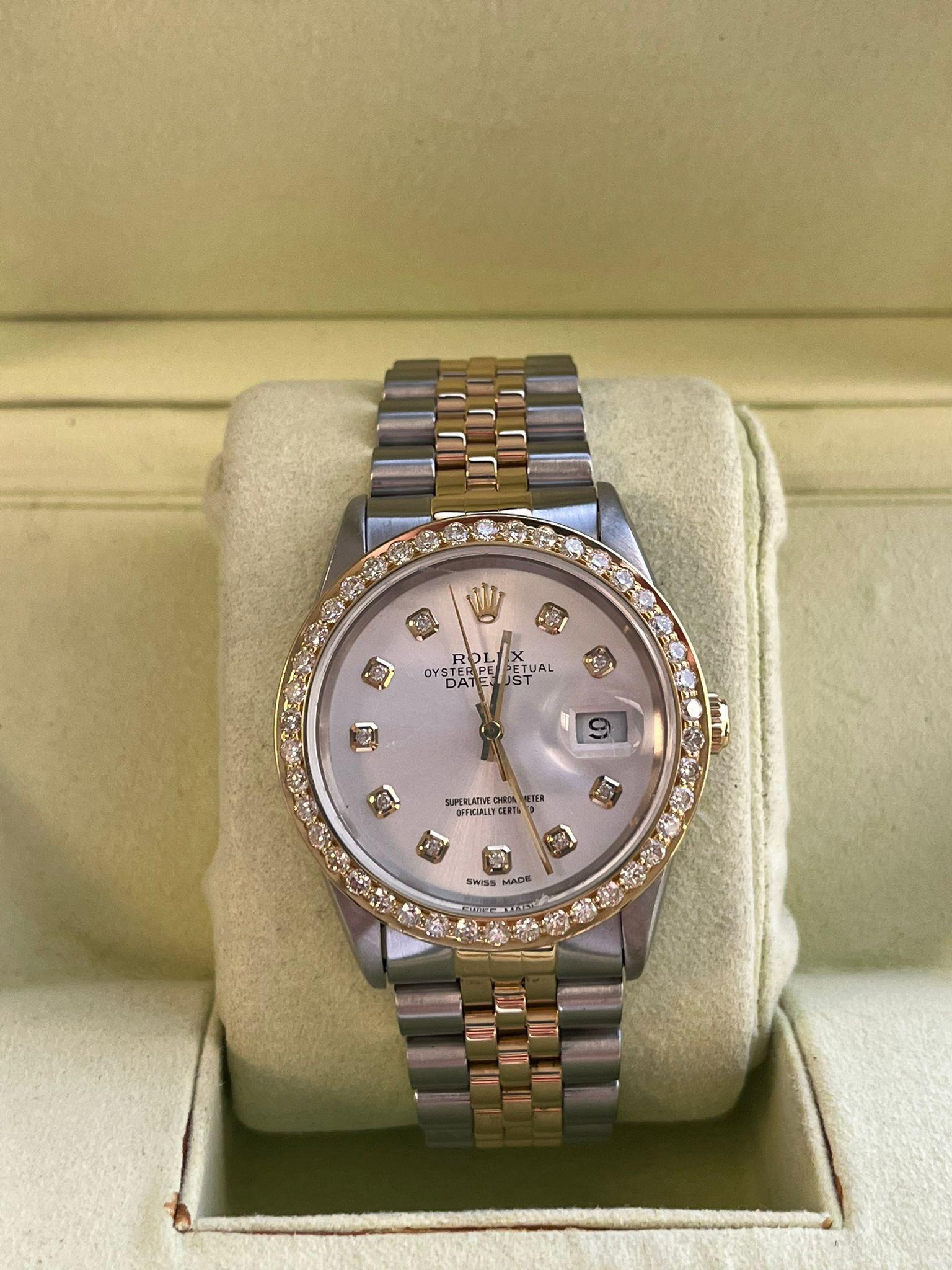 Rolex Datejust 36mm Grey Diamond Dial Steel Yellow Gold Bezel Mens Watch 16233 For Sale 2