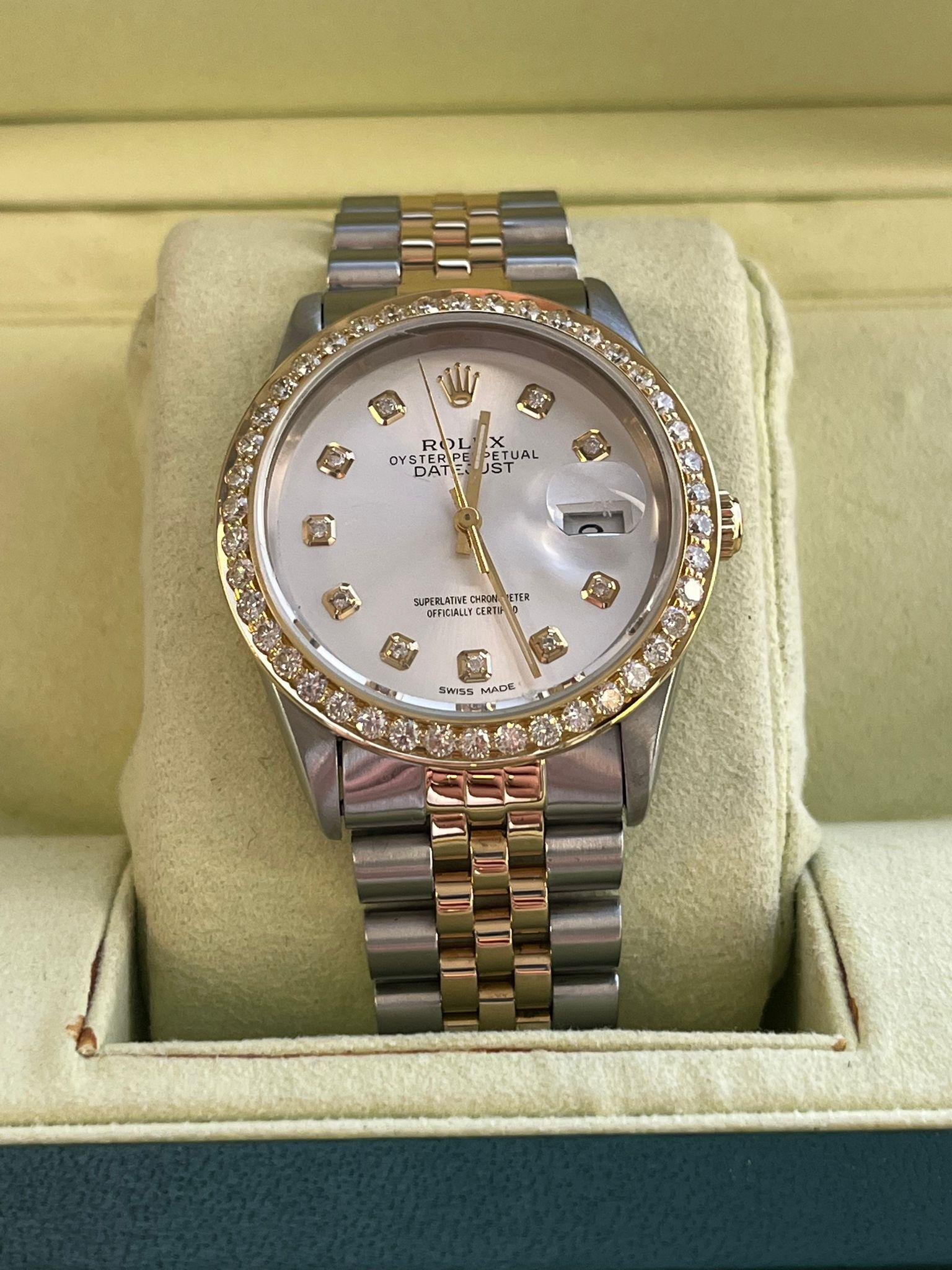 Rolex Datejust 36mm Grey Diamond Dial Steel Yellow Gold Bezel Mens Watch 16233 For Sale 3