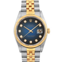 Rolex Datejust 36mm No Holes 18k Gold Steel Blue Vignette Dial Mens Watch 16233