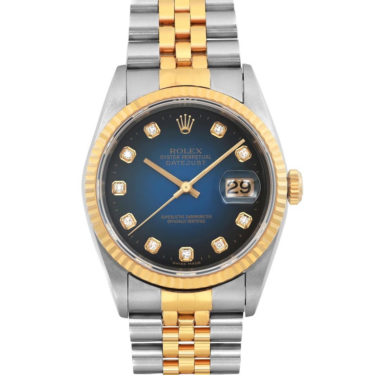 Rolex Uhren Rechts Oder Links Rolex Datejust 36mm No Holes 18k Gold Stahl  Blau Vignette