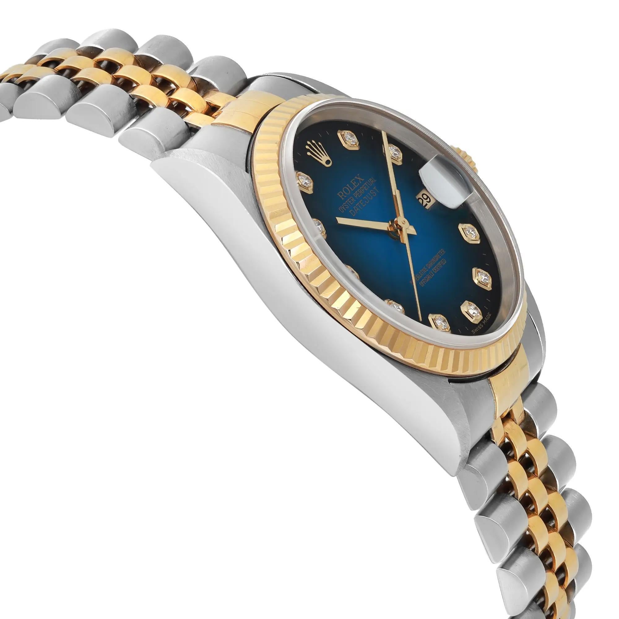 Rolex Montre Datejust 36 mm sans trous, or 18 carats, acier, cadran bleu, pour hommes 16233 Pour hommes en vente
