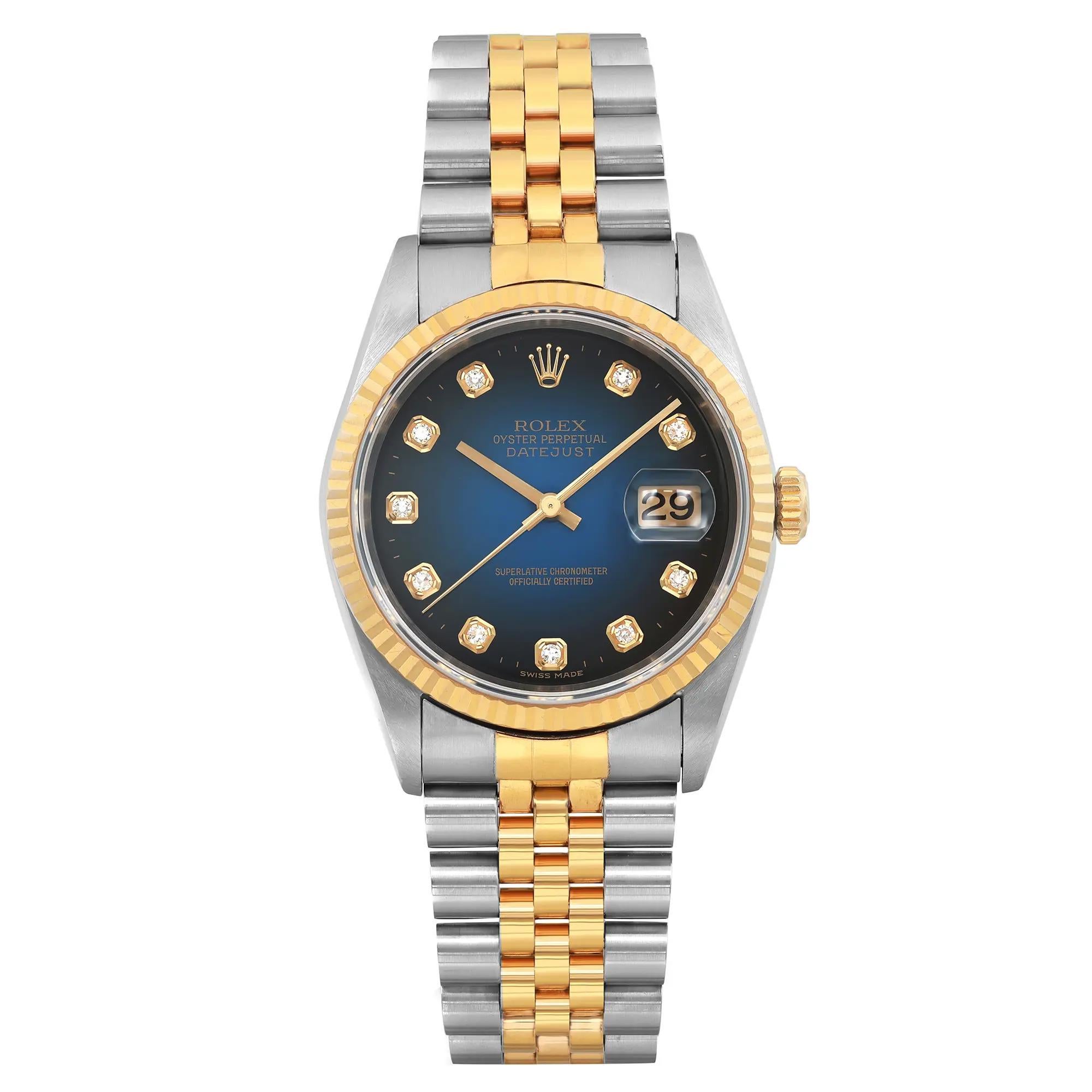 Rolex Montre Datejust 36 mm sans trous, or 18 carats, acier, cadran bleu, pour hommes 16233