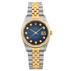 Retro Rolex Datejust 36mm No Holes 18k Gold Steel Blue Vignette Dial Mens Watch 16233