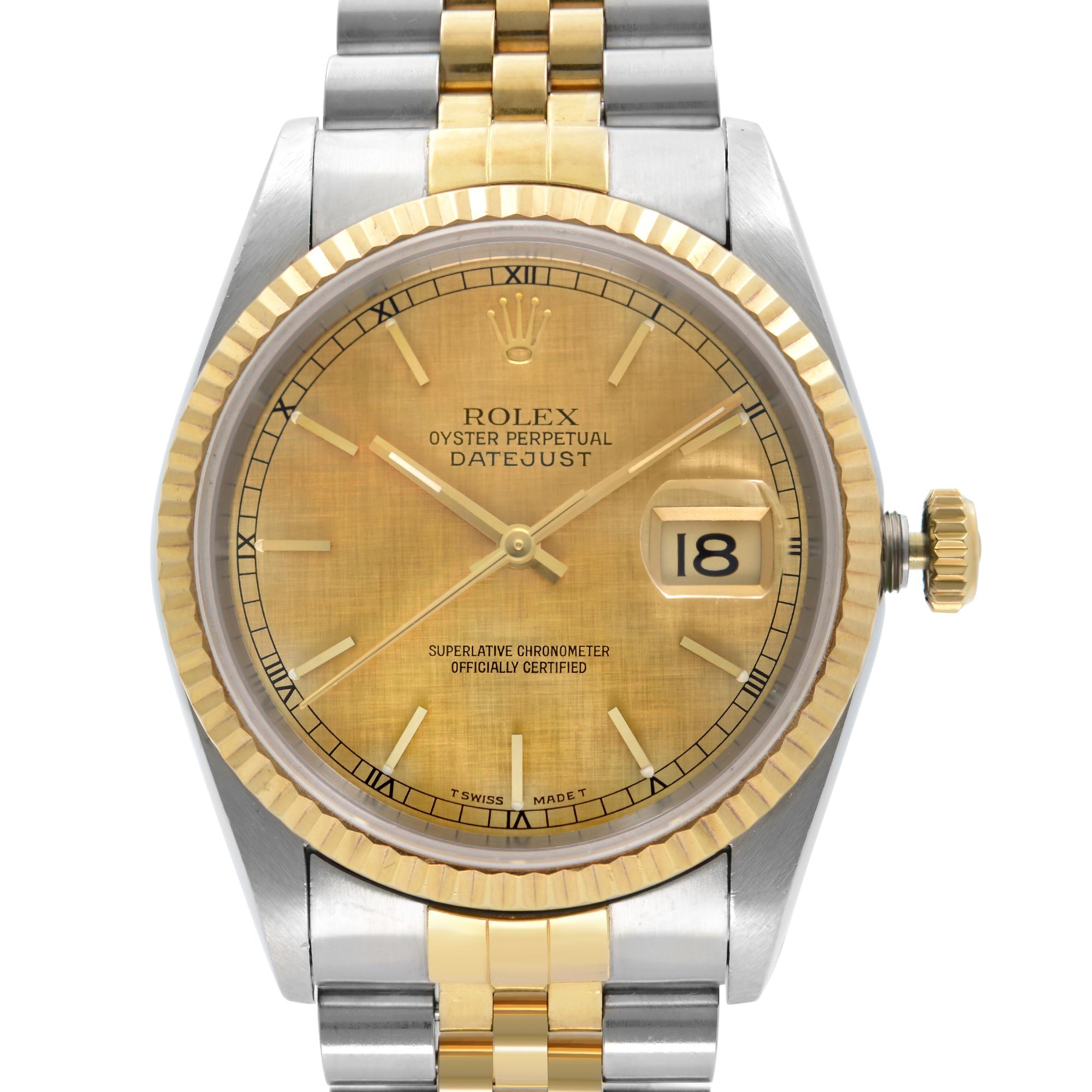 Pre-owned Rolex Datejust 36mm 18k Gold Steel Champagne Dial Automatic Men's Watch. This Beautiful Timepiece Was Produced in 1996. The dial is faded as in pictures. The Watch Band Has a Moderate Slack. No Original Box and Papers are Included. Comes