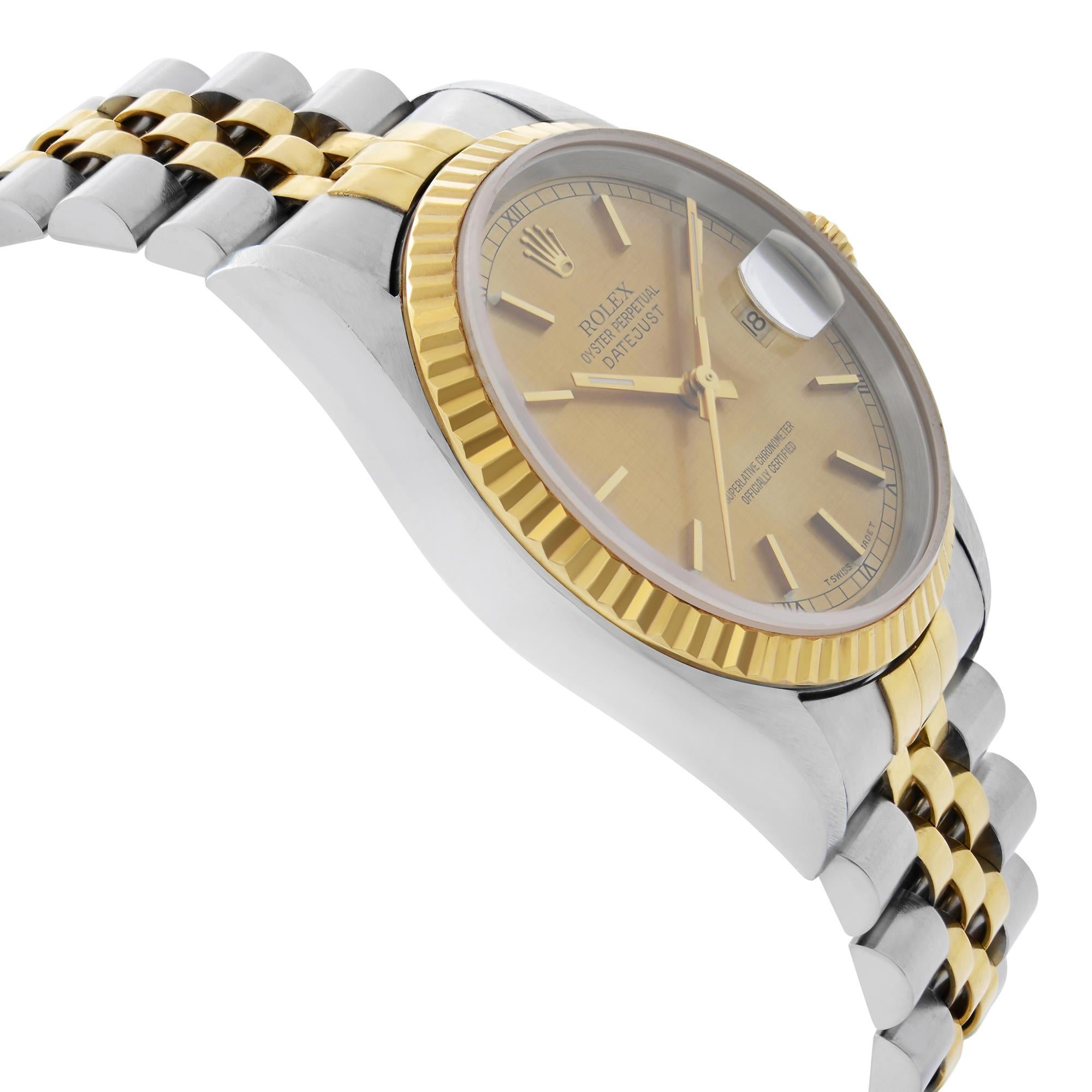 Rolex Datejust No Holes 18k Gold Steel Champagne Dial Men's Watch 16233 In Good Condition In New York, NY