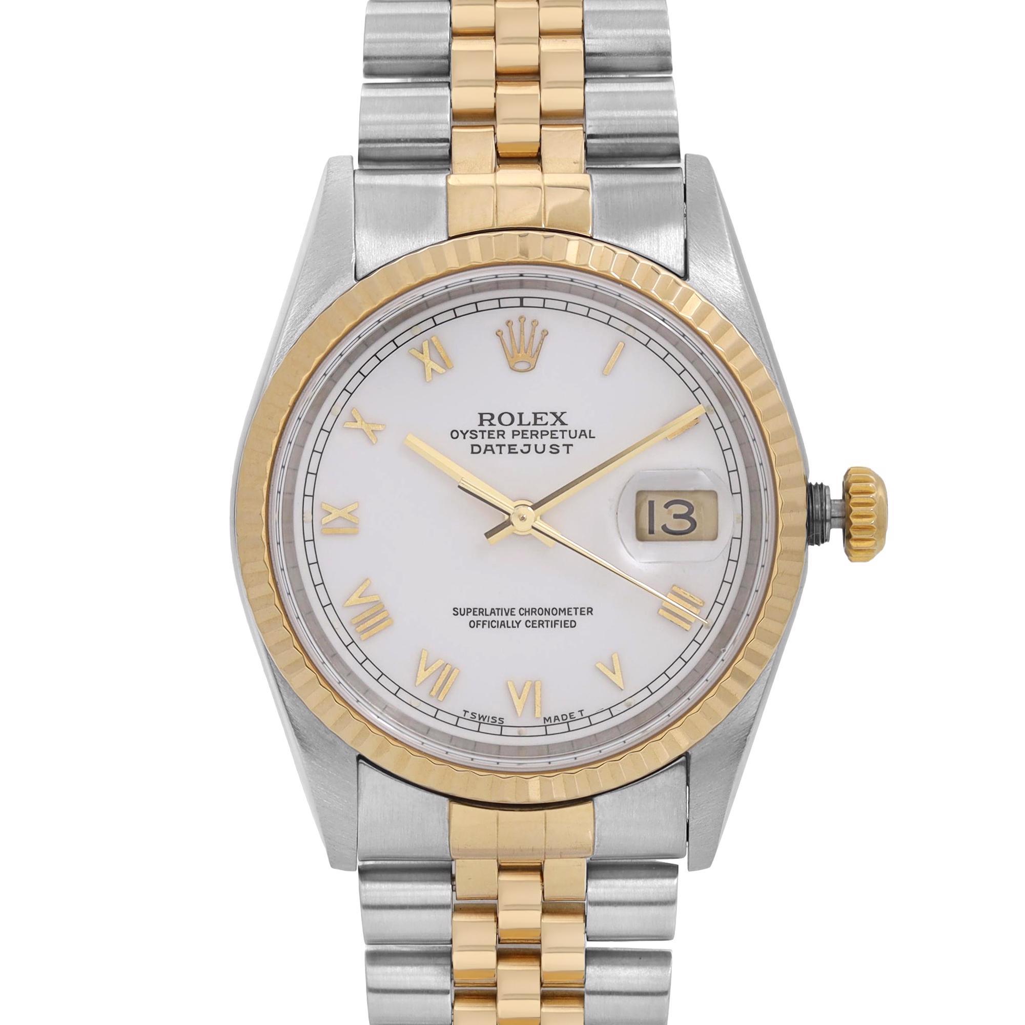 Pre-owned Rolex Datejust 36mm No Holes 18k yellow Gold Steel Jubilee Bracelet Gray Dial Automatic Watch 16233. Minor Slack, Minor Oxidation on the Hour Markers As Seen In Photos. Minor slack on the band. The watch was Produced in 2000 Features