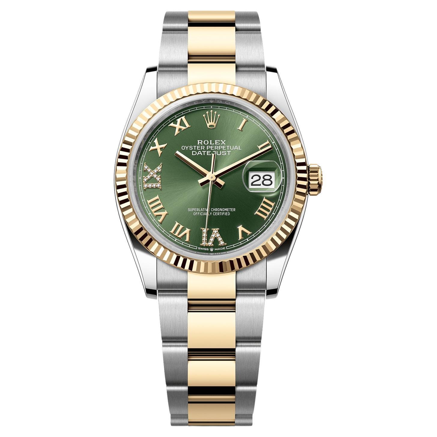 Rolex Datejust 36mm Olive Green Diamond Dial Gold Steel Oyster Watch 126233 en vente