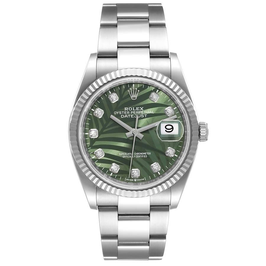 Rolex Datejust 36mm Olive Green Palm Diamond Dial Mens Watch 126234 Unworn. Officially certified chronometer automatic self-winding movement. Stainless steel case 36.0 mm in diameter.  Rolex logo on the crown. 18K white gold fluted bezel. Scratch