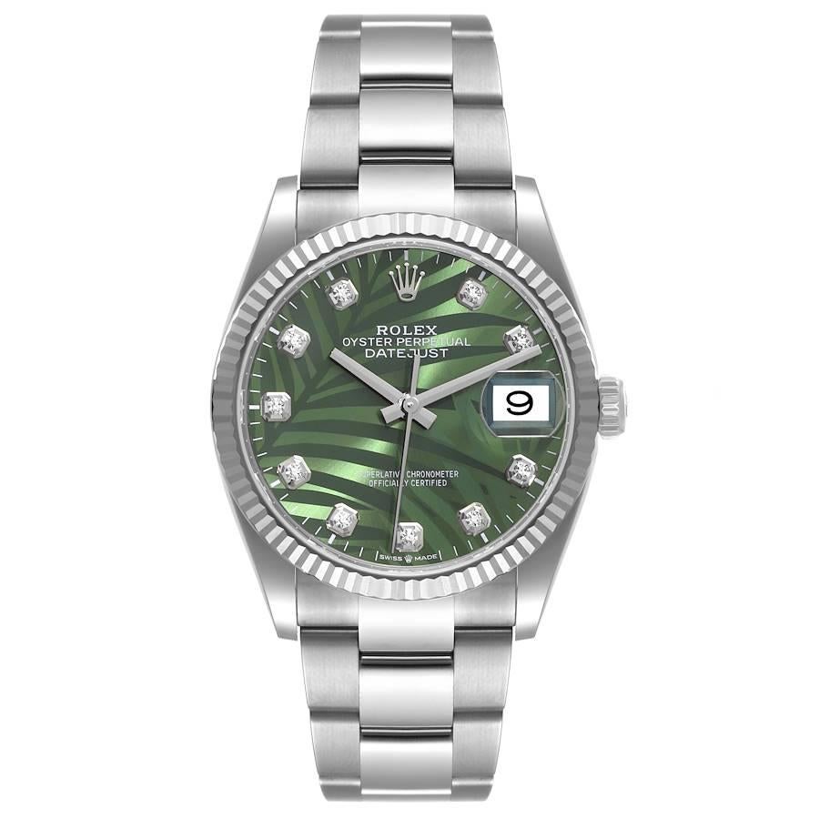 Rolex Datejust 36mm Olive Green Palm Diamond Dial Mens Watch 126234 Unworn. Mouvement automatique à remontage automatique, officiellement certifié chronomètre. Boîtier en acier inoxydable de 36.0 mm de diamètre.  Logo Rolex sur la couronne. Lunette