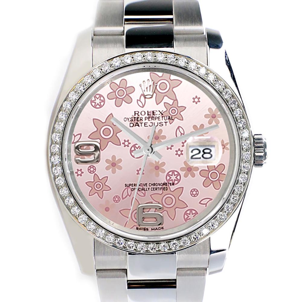 Rolex Datejust 36MM Pink Floral Dial Watch with Custom Diamond Bezel 116200 For Sale 1
