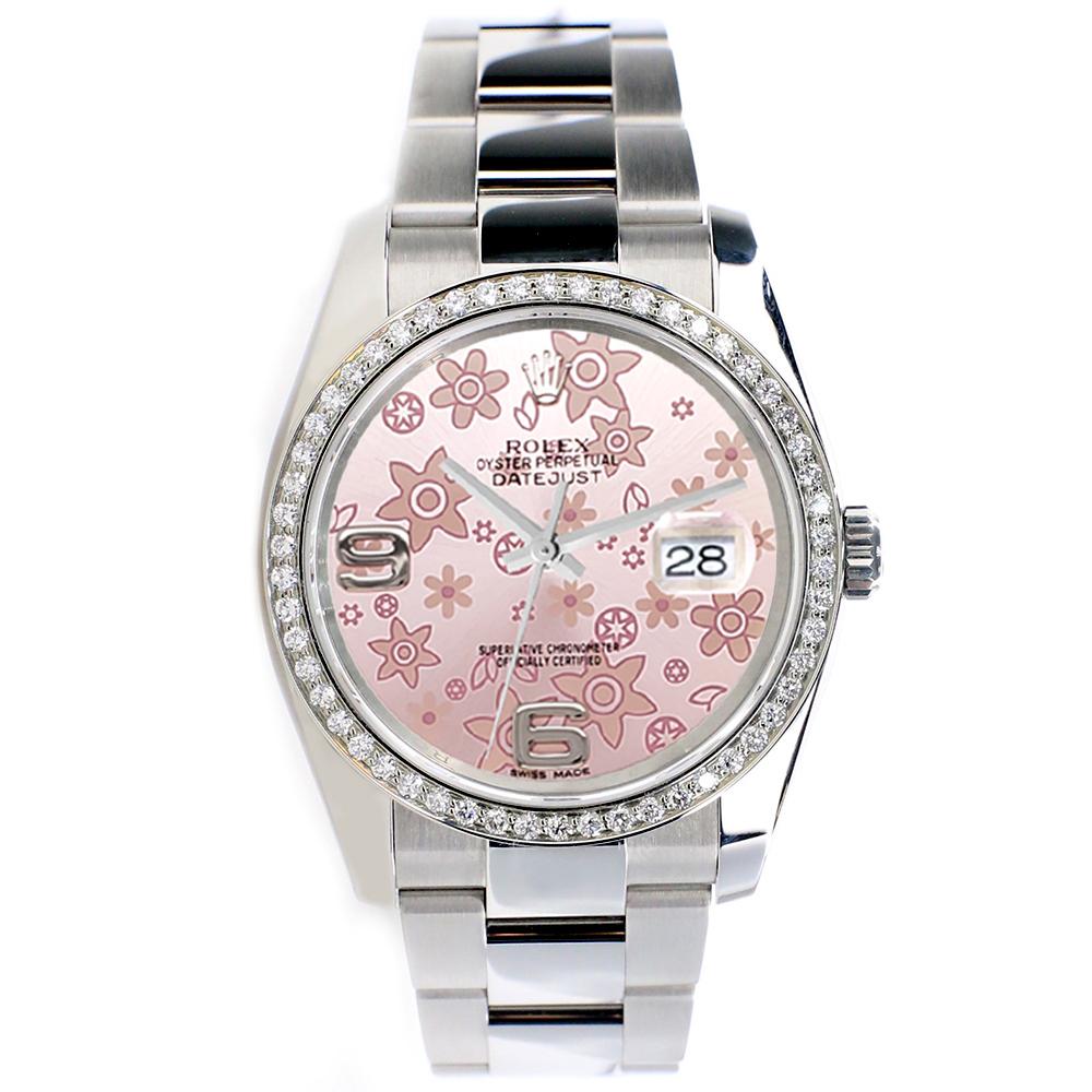 Rolex Datejust 36mm Stainless Steel oyster Watch, ref #116200. Factory Pink Floral dial. Custom diamond bezel (diamonds are not set by Rolex).

Excellent, pristine condition, no signs of wear, works flawlessly, comes with Rolex box, certificate of