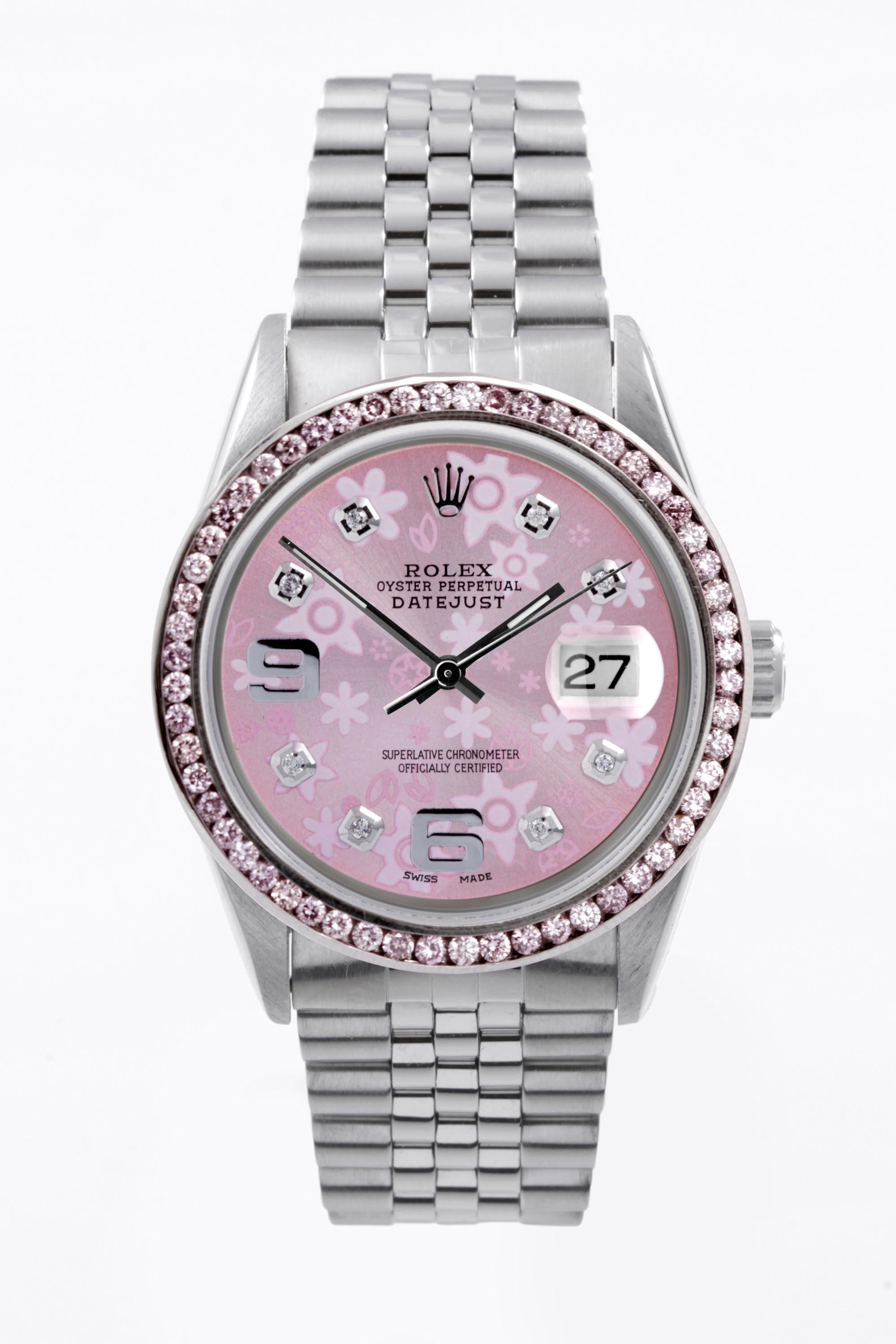 Rolex Datejust 36mm Pink Floral Diamond 16014 Steel Jubilee In Good Condition In San Fernando, CA