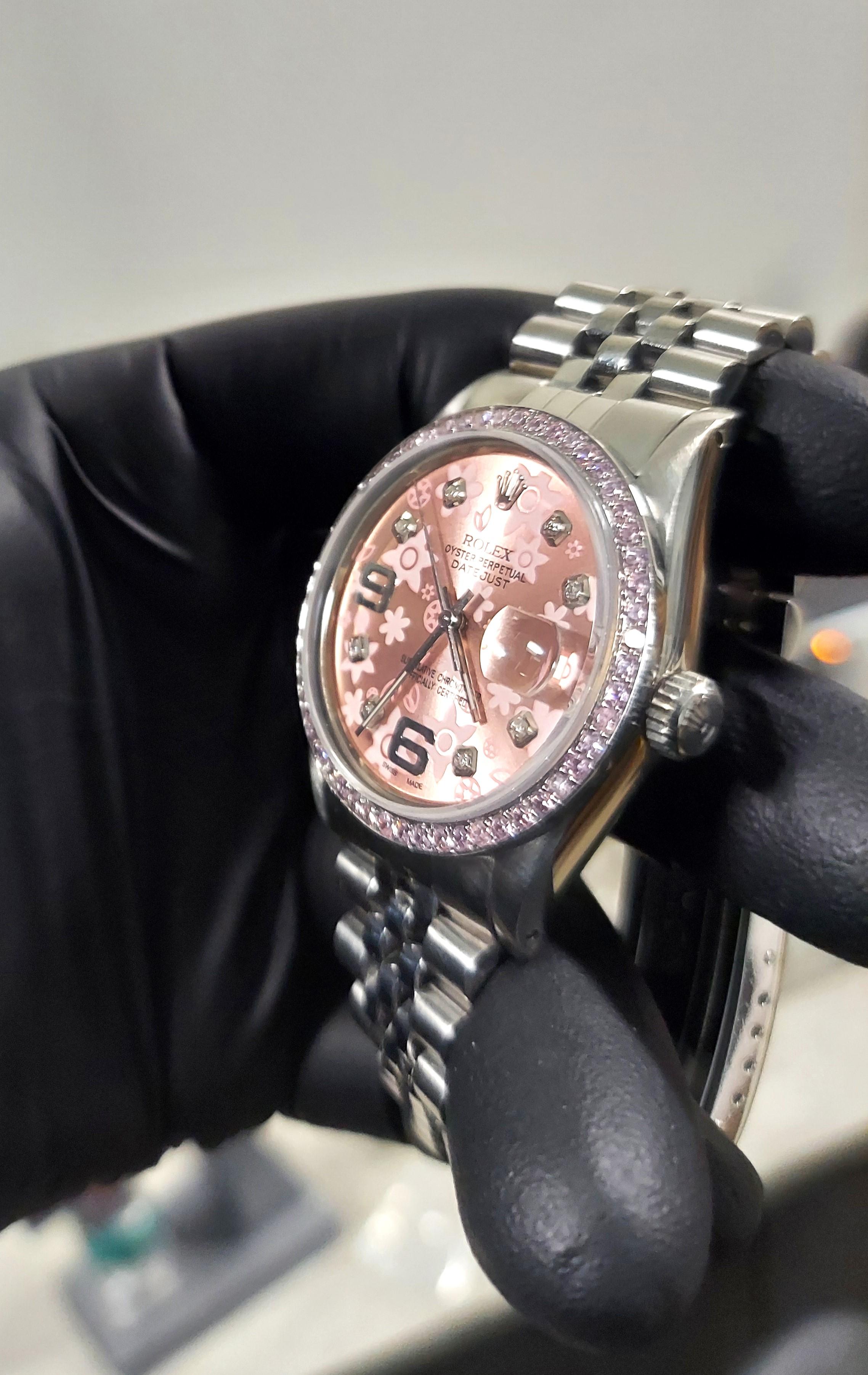 Women's or Men's Rolex Datejust 36mm Pink Floral Diamond 16014 Steel Jubilee For Sale