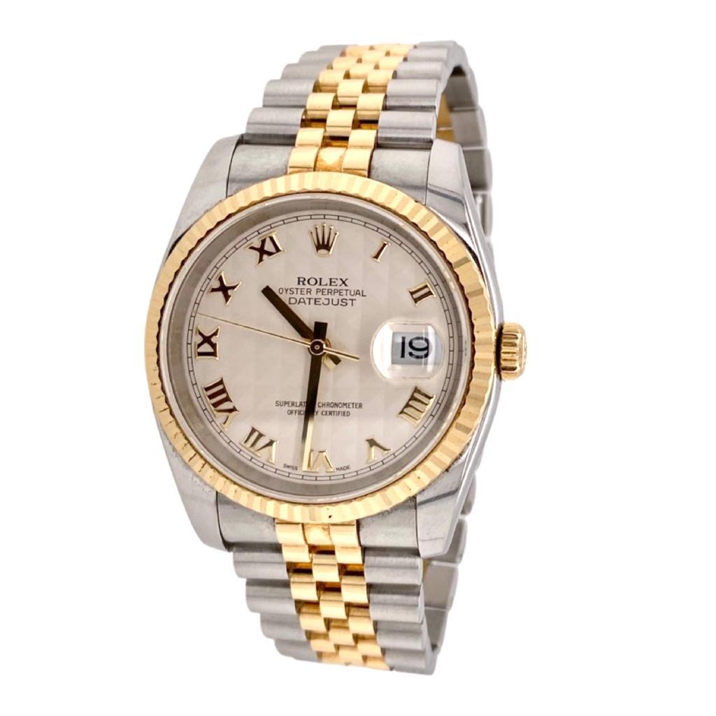 Brand: Rolex

Model Name: DateJust

Model Number: 116233

Movement: Automatic

Case Size: 36 mm

Case Back: Closed

Case Material: Stainless Steel/Yellow Gold

Bezel: Yellow Gold

Dial: Pyramid Ivory

Bracelet: Stainless Steel/Yellow Gold Jubilee
