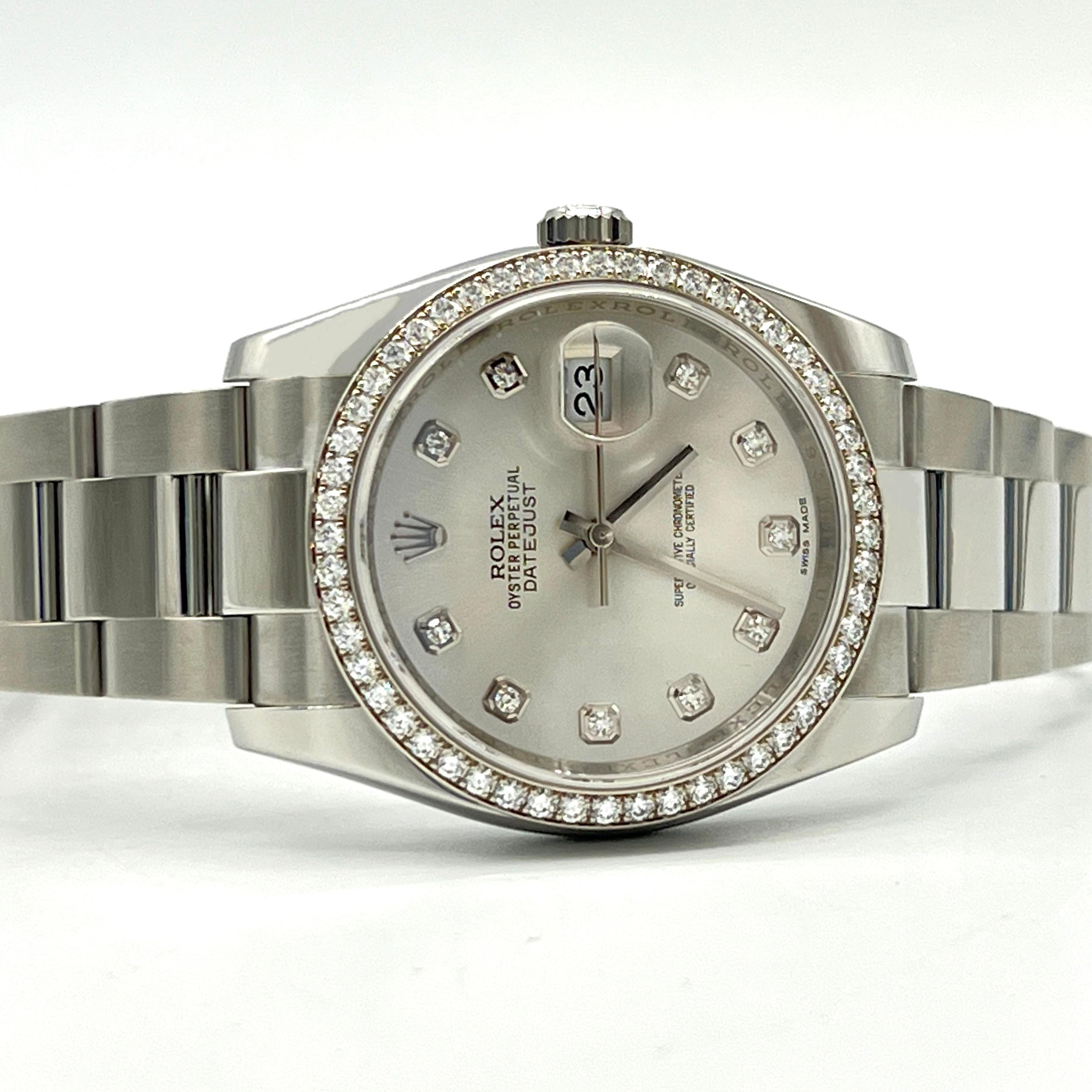 Brand New Elegant Rolex Datejust, Reference Number : 116244 ; 36mm The case material is Steel features a Factory Diamond Smooth Silver Dial & Original Diamond Index, self-winding waterproof chronometer feature a window displaying the date. Magnifiée