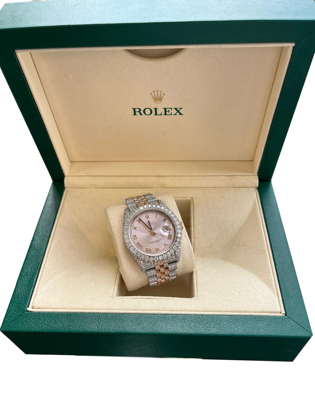 Rolex Datejust 36mm Rose Gold Roman Dial Iced Out Diamond Bezel Watch Jubilee Band Watch 116233, This Rolex Datejust has Iced Out Diamonds Two-Tone Stainless Steel and Rose Gold Watch with Original box.

Details:
Brand: Rolex
Model: Datejust