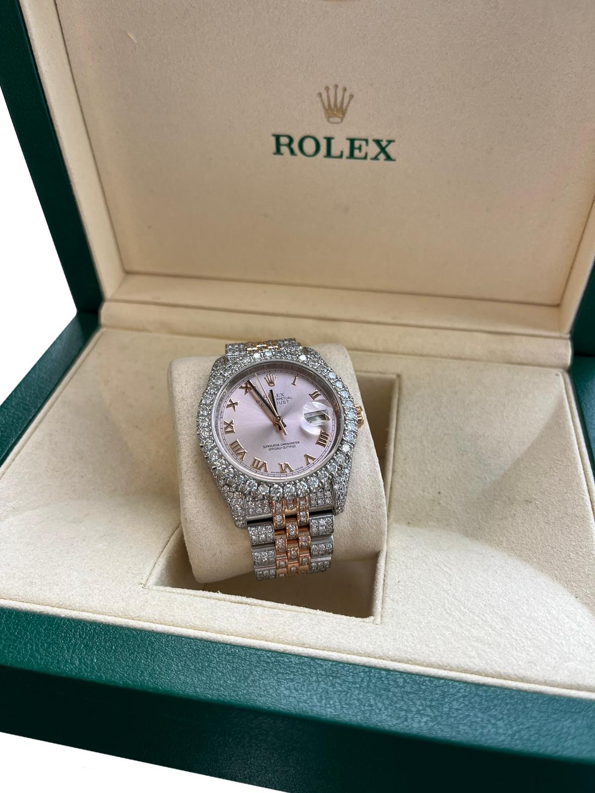 Modernist Rolex Datejust 36mm Rose Gold Dial Diamond Bezel Iced Out Jubilee Watch 116233 For Sale