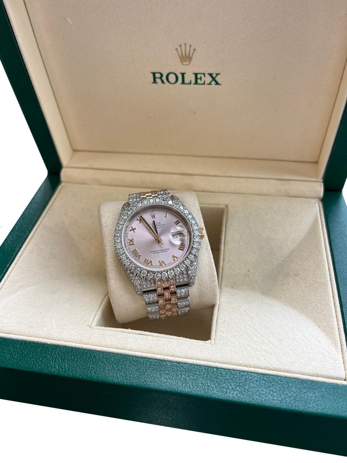 Round Cut Rolex Datejust 36mm Rose Gold Dial Diamond Bezel Iced Out Jubilee Watch 116233 For Sale