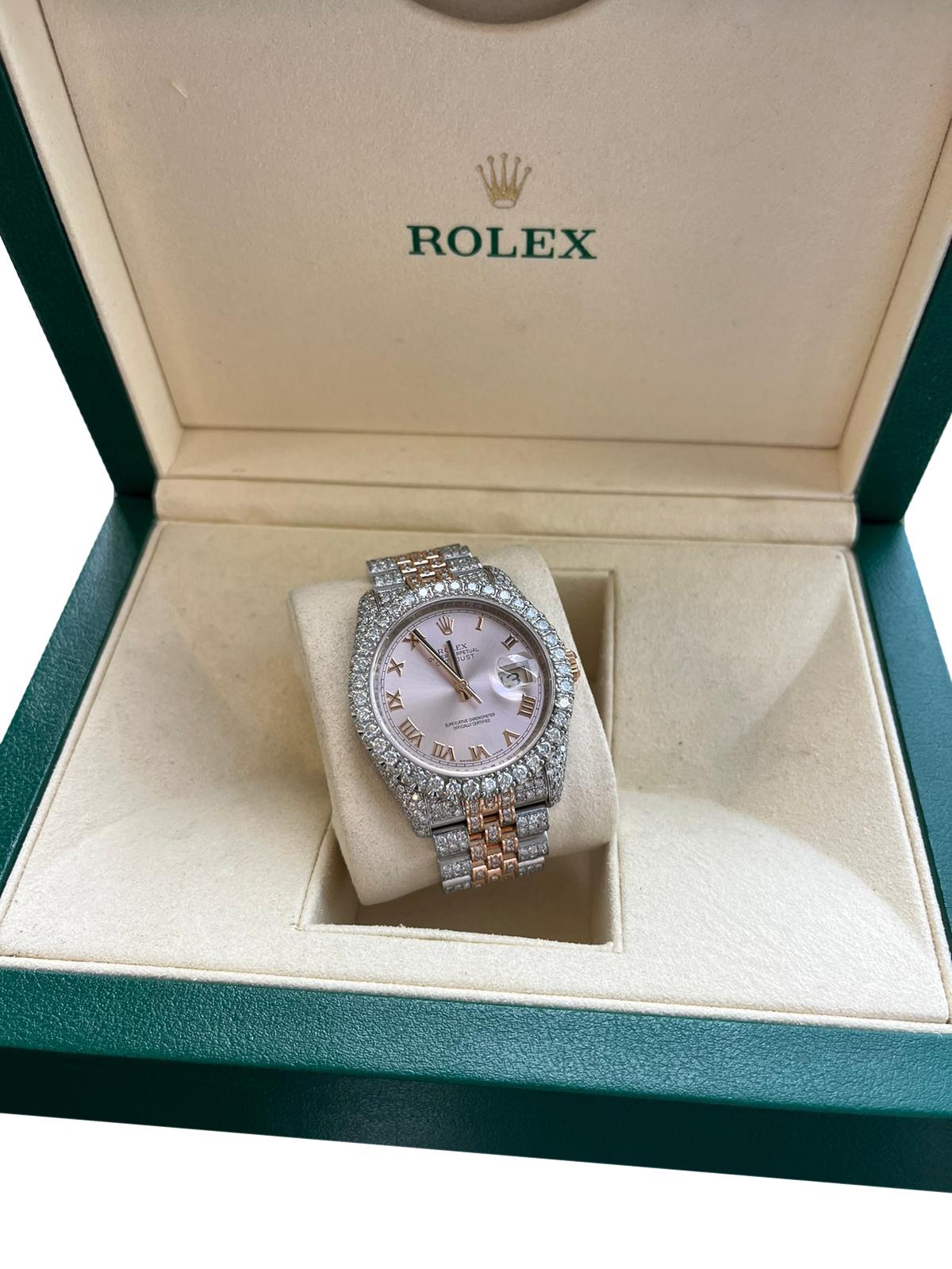 Rolex Datejust 36mm Rose Gold Dial Diamond Bezel Iced Out Jubilee Watch 116233 In Good Condition For Sale In Aventura, FL
