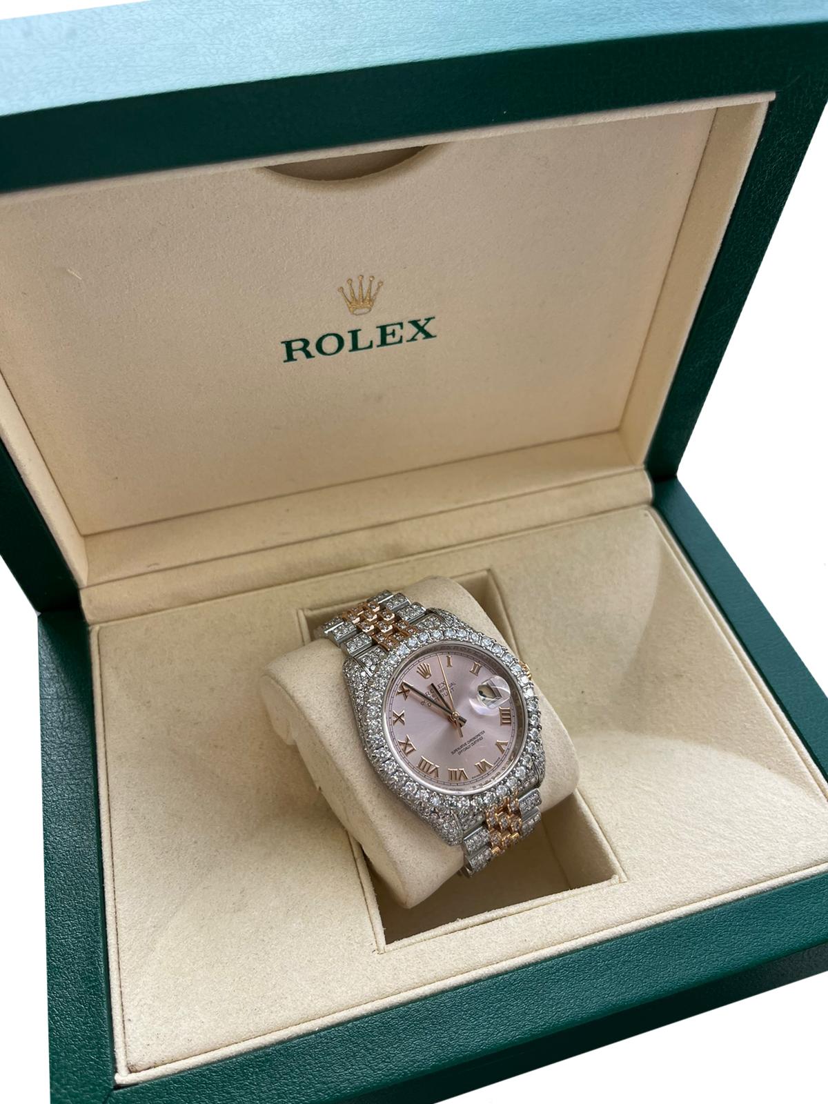 Women's or Men's Rolex Datejust 36mm Rose Gold Dial Diamond Bezel Iced Out Jubilee Watch 116233 For Sale